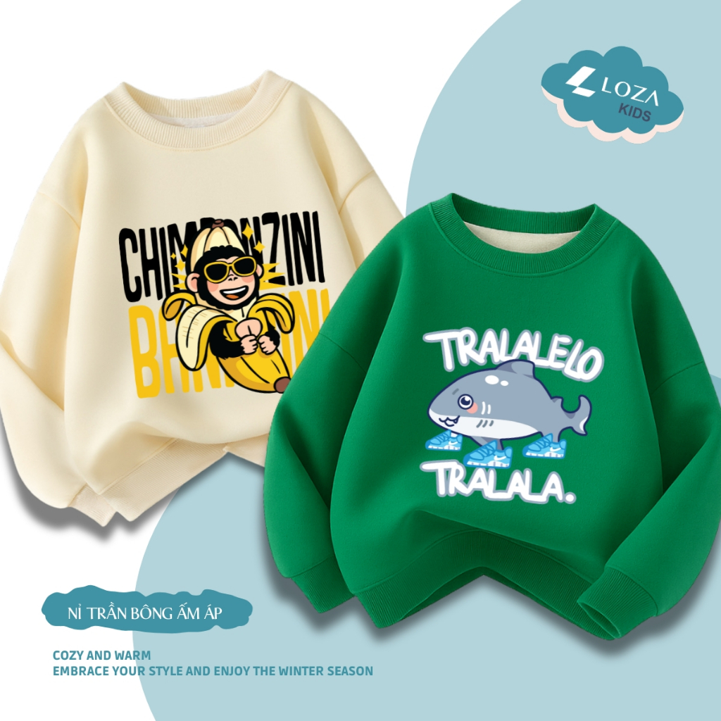 Áo sweater bé trai BST Brainrot, Tung Tung Sahur  - Áo nỉ trẻ em cổ tròn size từ 15-40kg  Loza Kids IN011 IN011