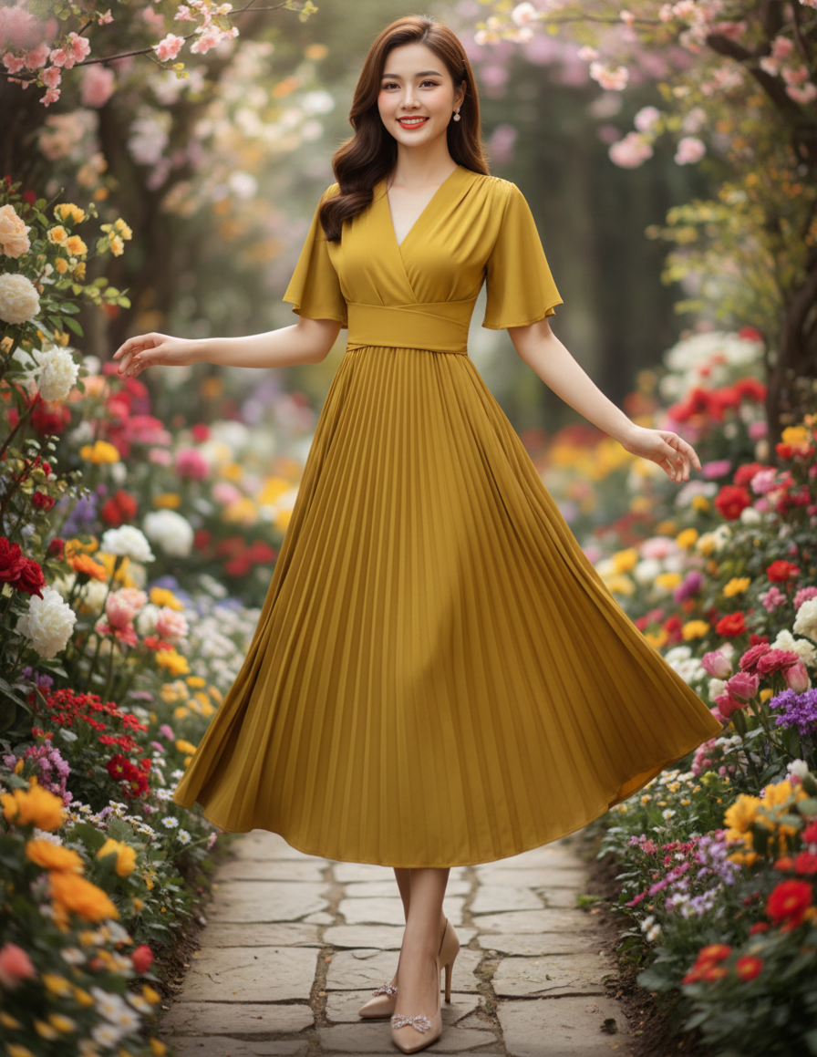 Váy xòe xếp ly cổ V tay cánh tiên_thumbnail_10