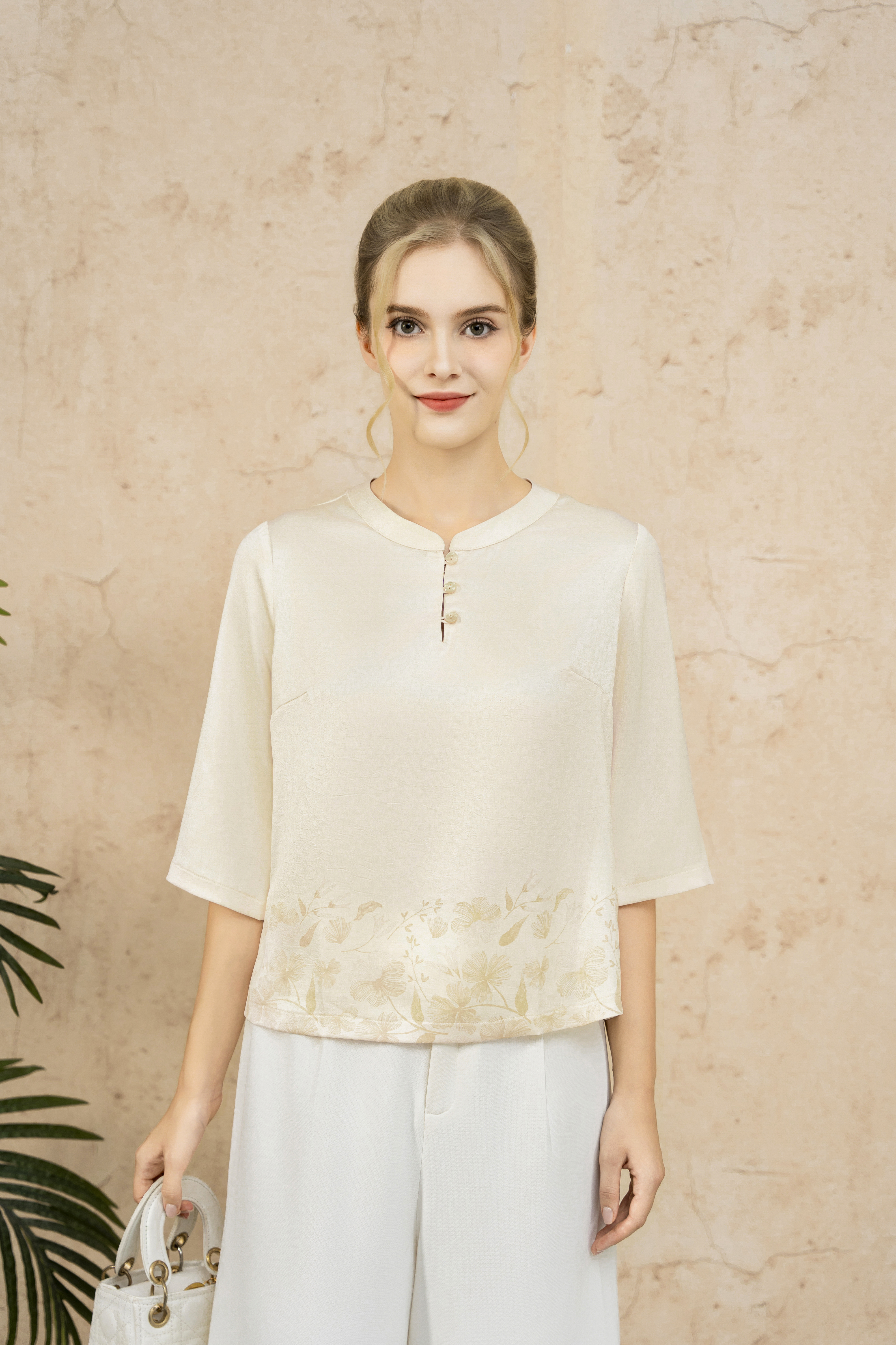 Áo sơ mi suông Vải lụa nhăn In họa tiết hoa chìm Cổ tàu cài khuy Tay lỡ Dài dưới eo