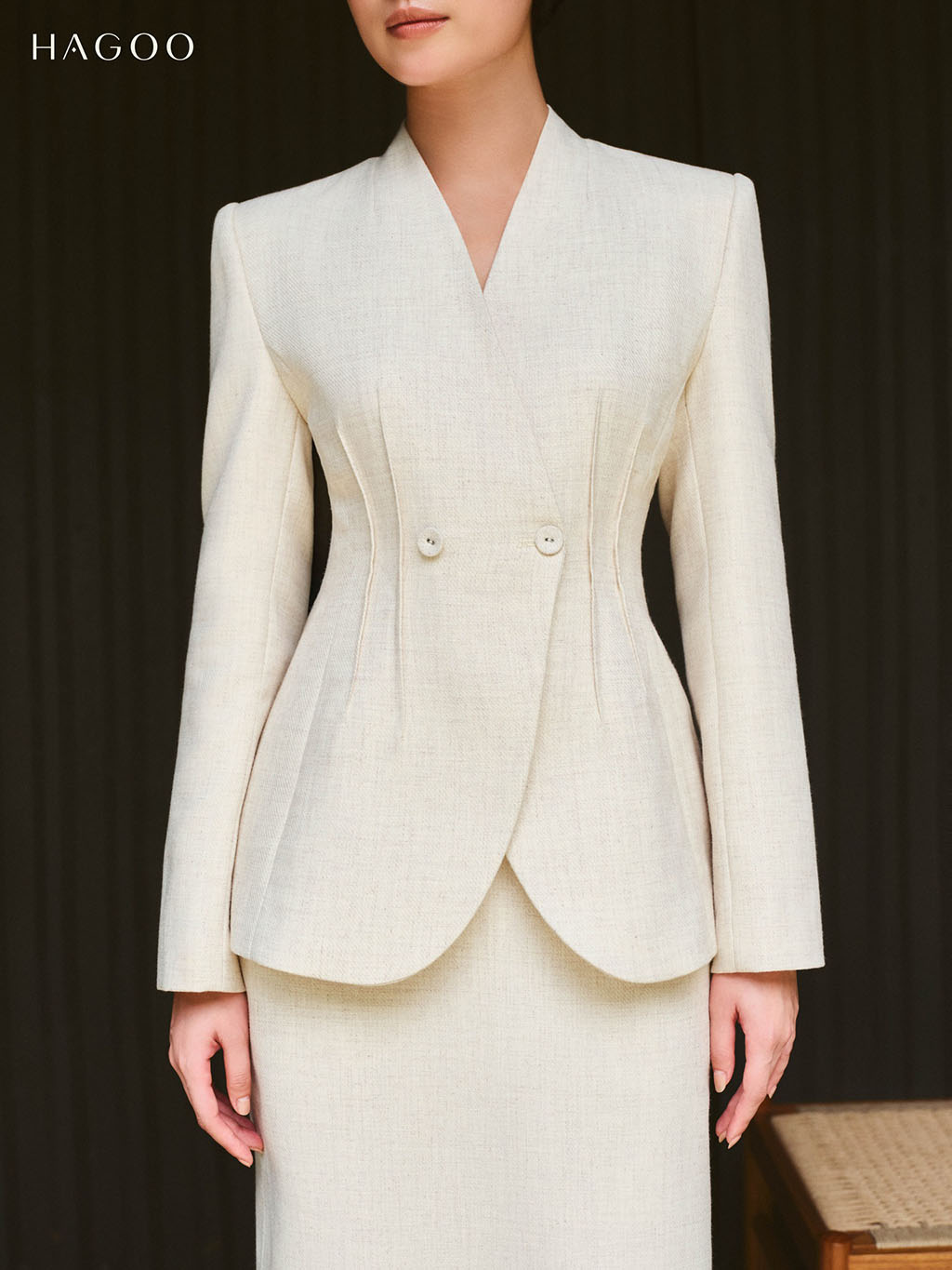 Blazer không cổ dáng peplum chiết éo HAGOO_thumbnail_2