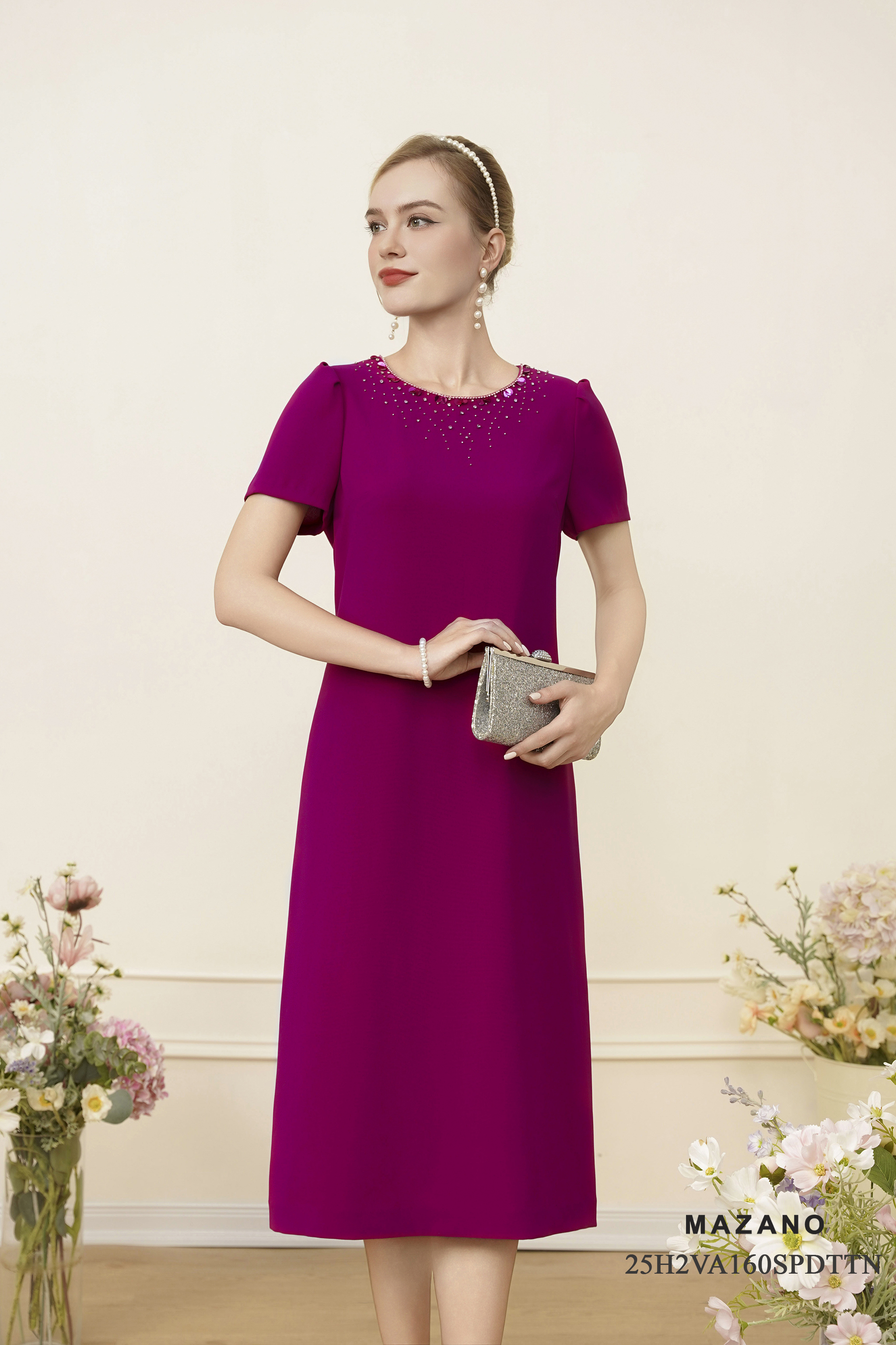 Váy Đầm suông vải thô Đính trang trí Cổ tròn tay ngắn Dài váy ngang bắp chân