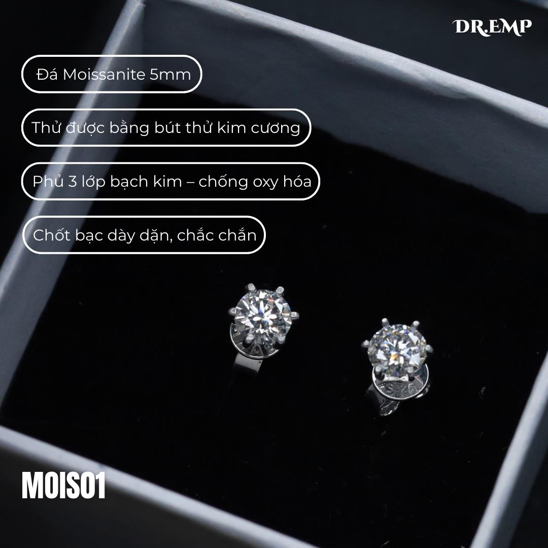 Khuyên tai bạc xi bạch kim kim cương mois