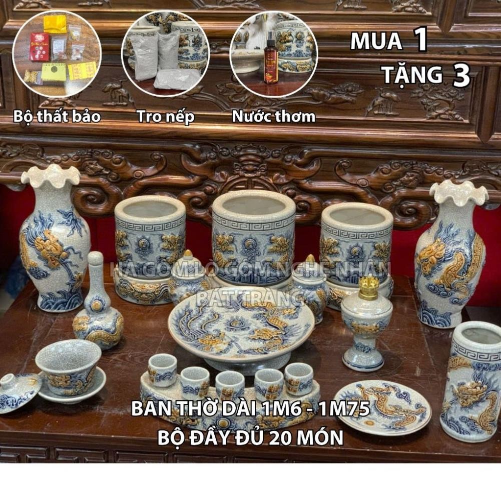 HG023 Đồ Thờ Cúng Bộ 20 món ban thờ 1M6 - 1M75 men rạn nổi nghệ nhân Bát Tràng chế tác TẶNG Thất Bảo, Tro Nếp