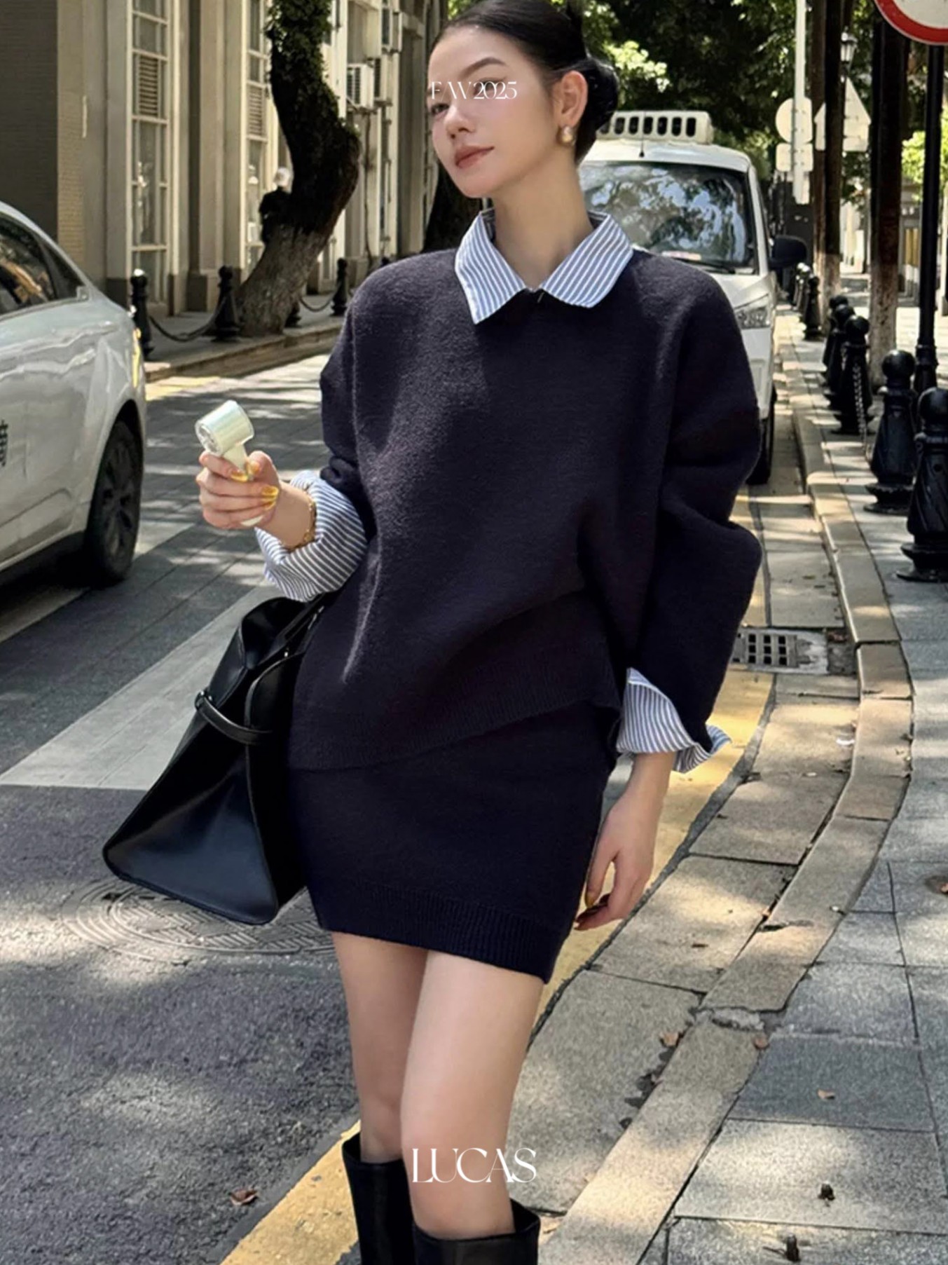 Lucas - Set áo len pha cổ bẻ, cổ tay sọc sơ mi + chân váy mini