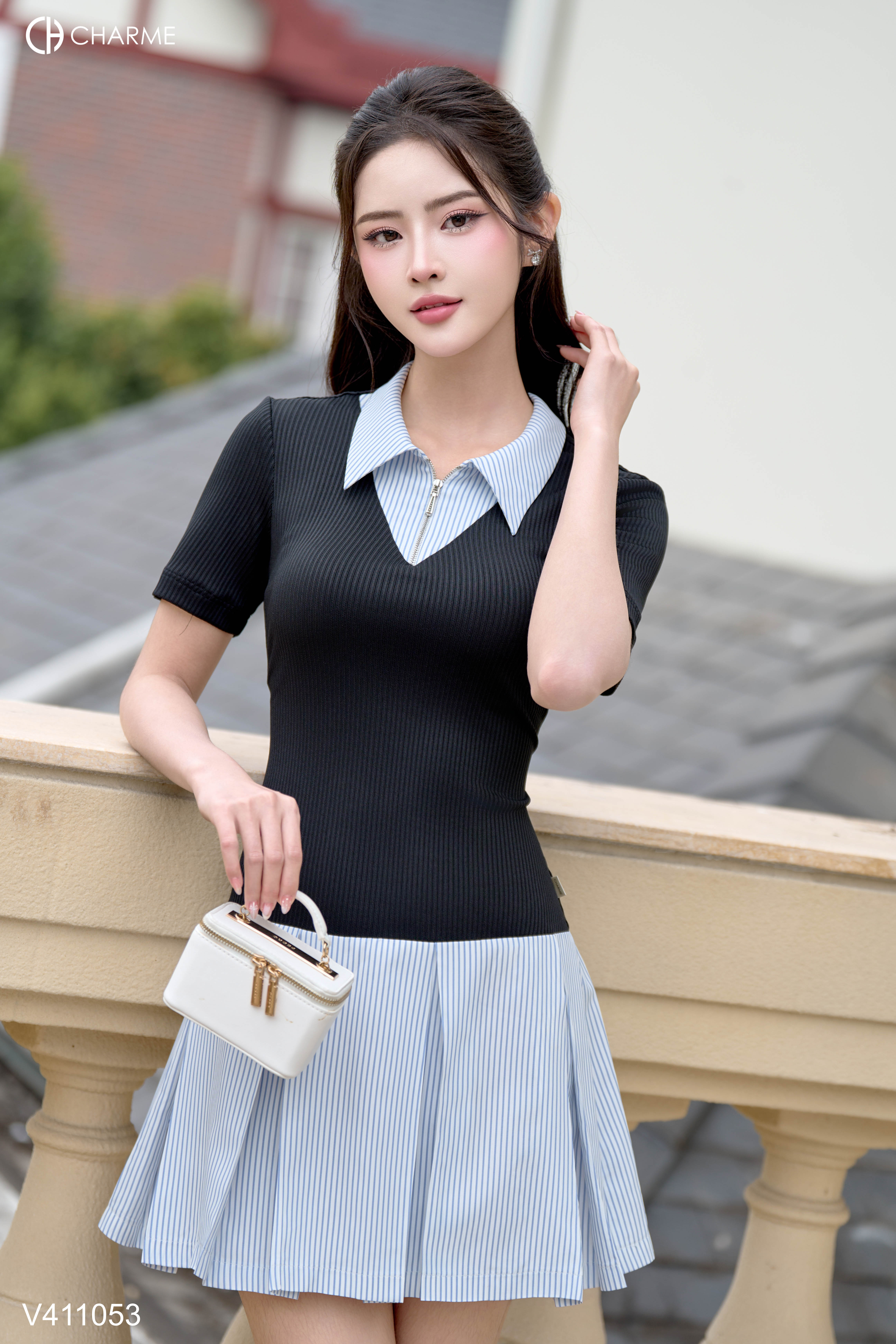 Váy sơ mi phối dập ly