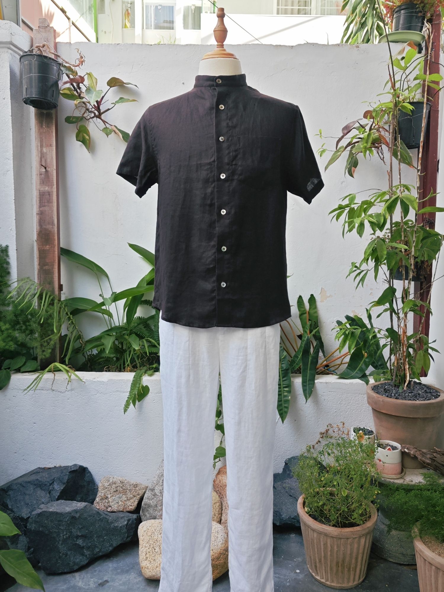 Sơ mi 100% linen tay ngắn cổ Trụ - cổ Tàu