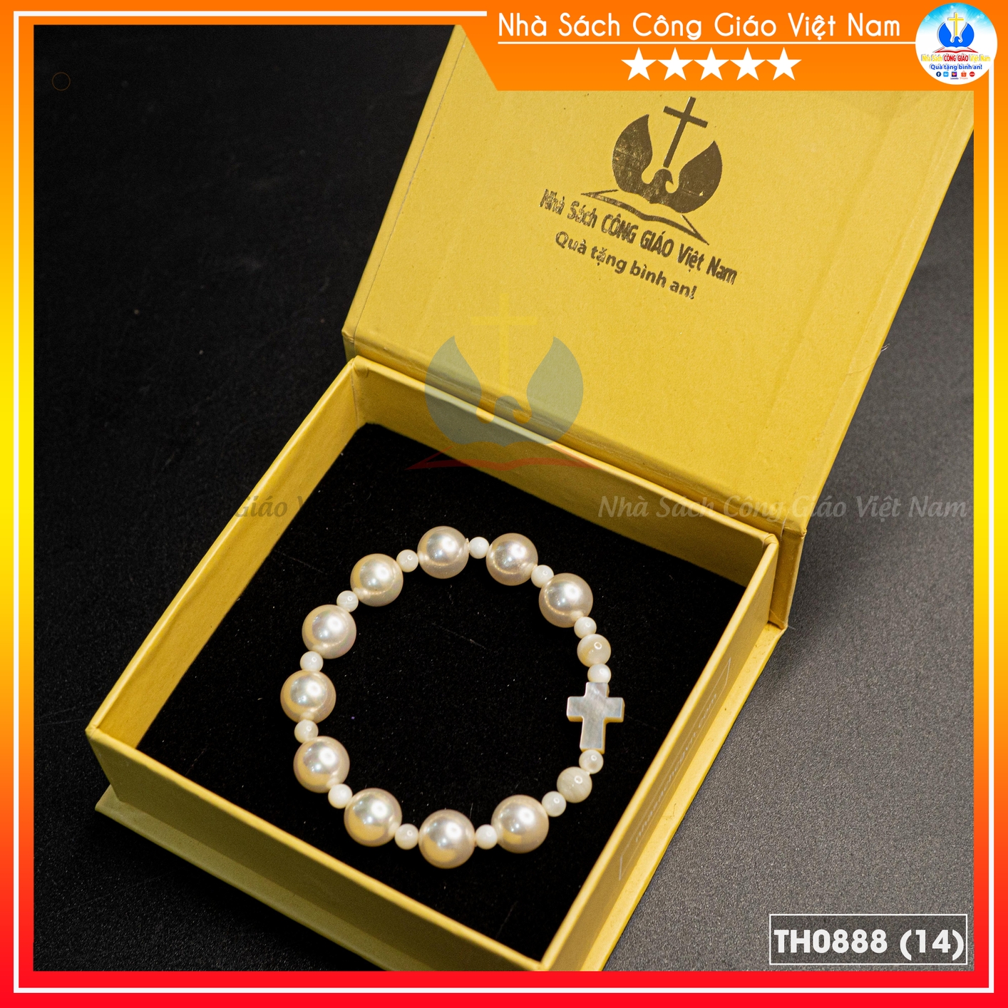 Chuỗi Mân Côi Ốc Tai Tượng xi 10mm, đệm hạt trắng, thánh giá xà cừ – TH0888