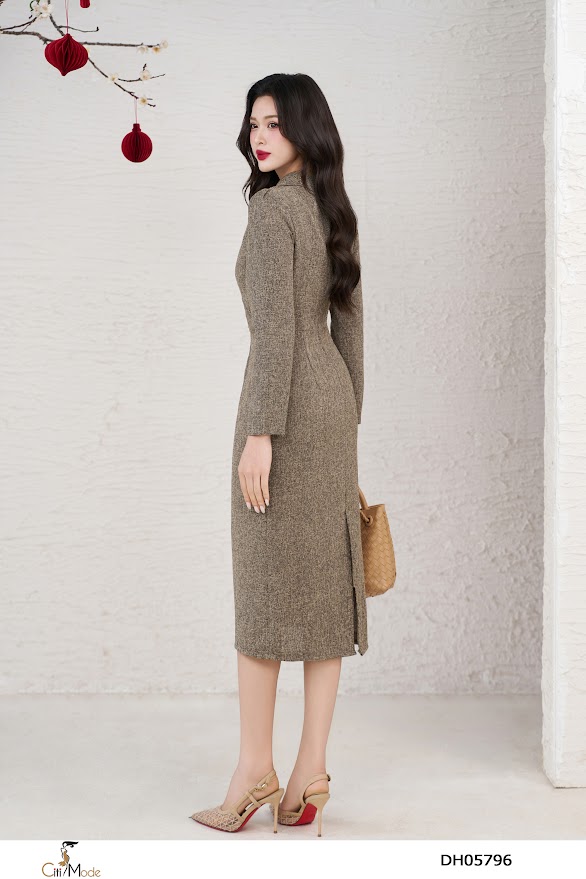 Đầm ôm dạ cổ vest tay dài đính nơ