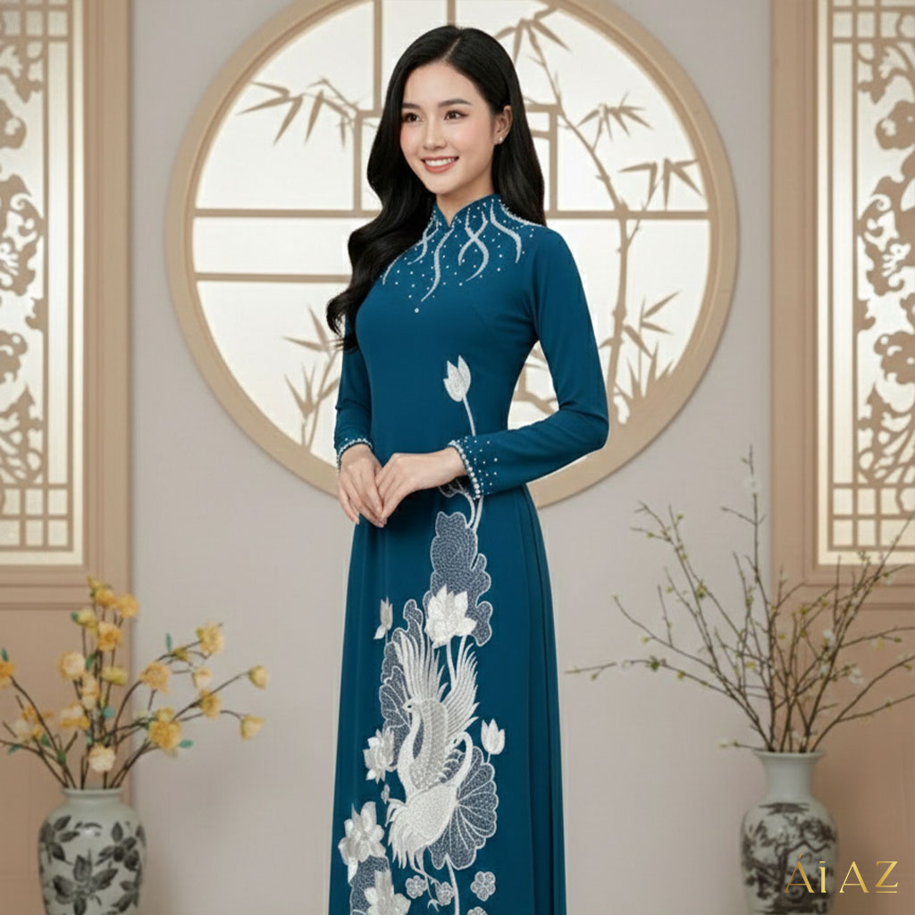 Áo Dài Mẹ Thêu Hạc Hoa Sen Dáng Truyền Thống AM25-06_thumbnail_2