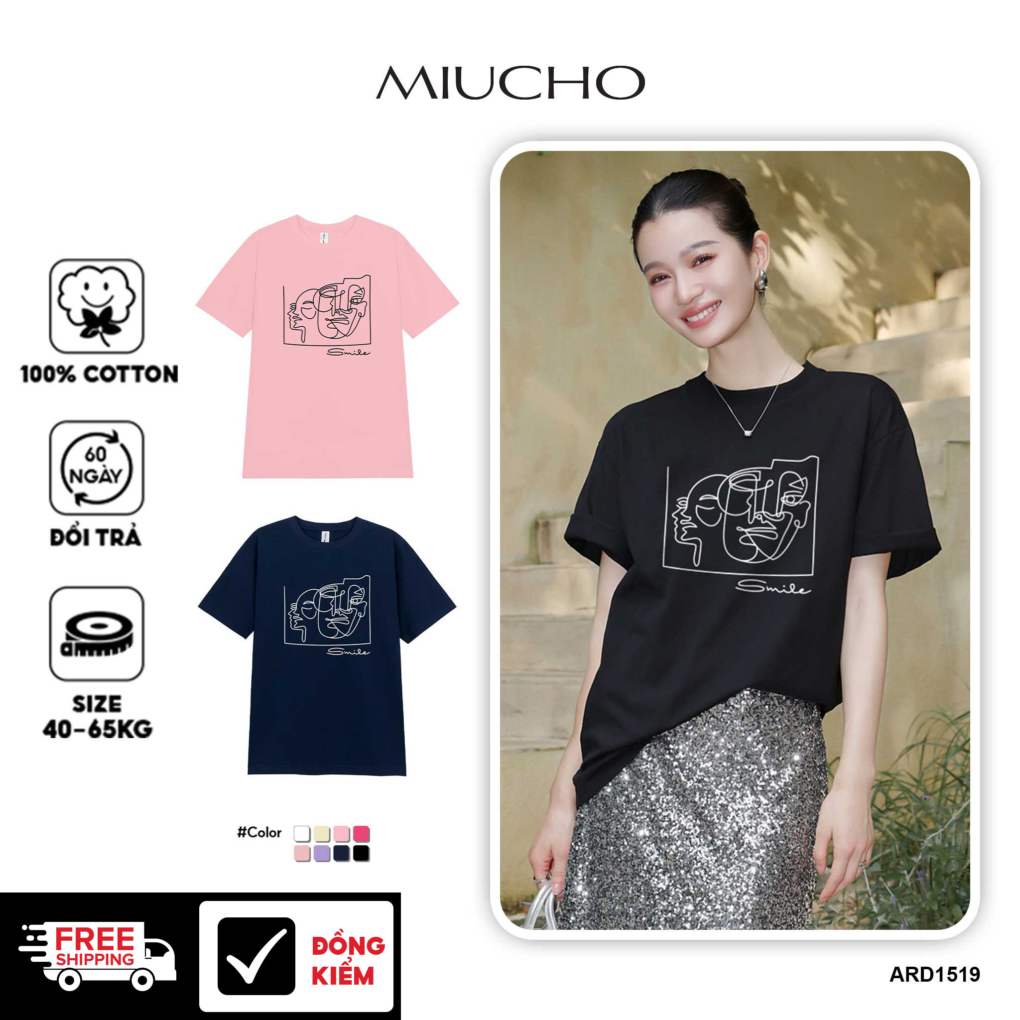 Áo thun nữ form vừa regular tôn dáng ARD1519 Miucho Chic chất vải cotton co giãn tay ngắn in artwork_thumbnail_1
