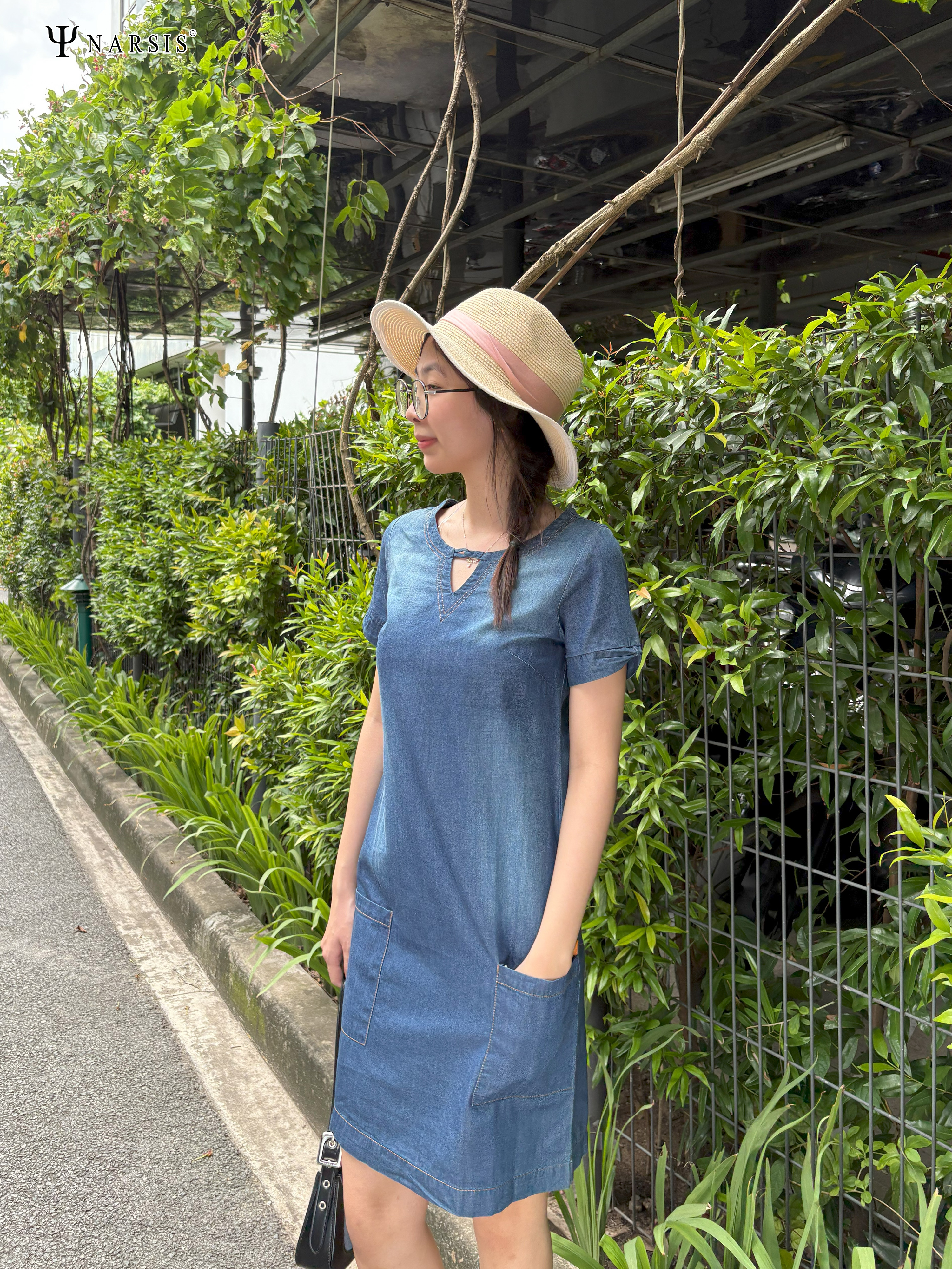 ĐẦM JEAN CỔ V TAY NƠ B8001 NARSIS CHẤT LIỆU JEAN BỀN BỈ, CÁ TÍNH, TRẺ TRUNG, THỜI TRANG_thumbnail_4