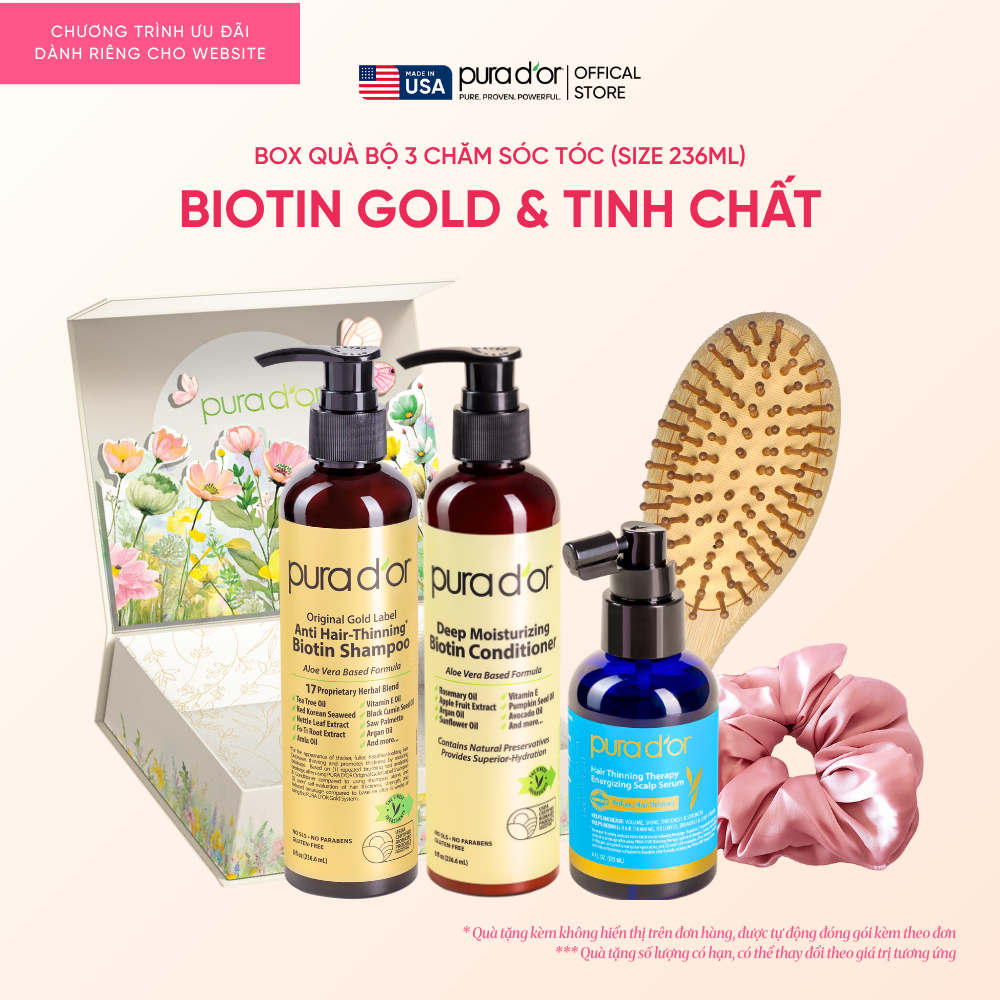 [Hộp quà 20.10] Combo 3 Bước Dầu Gội, Dầu Xả, Giảm Rụng Tóc Organic Pura D'or Biotin Gold Label 236ML | Chăm Sóc Tóc, Chăm Sóc Da Đầu, Dưỡng Tóc, Hỗ Trợ Mọc Tóc - Mega Livestream - Combo 3 bước 236ml