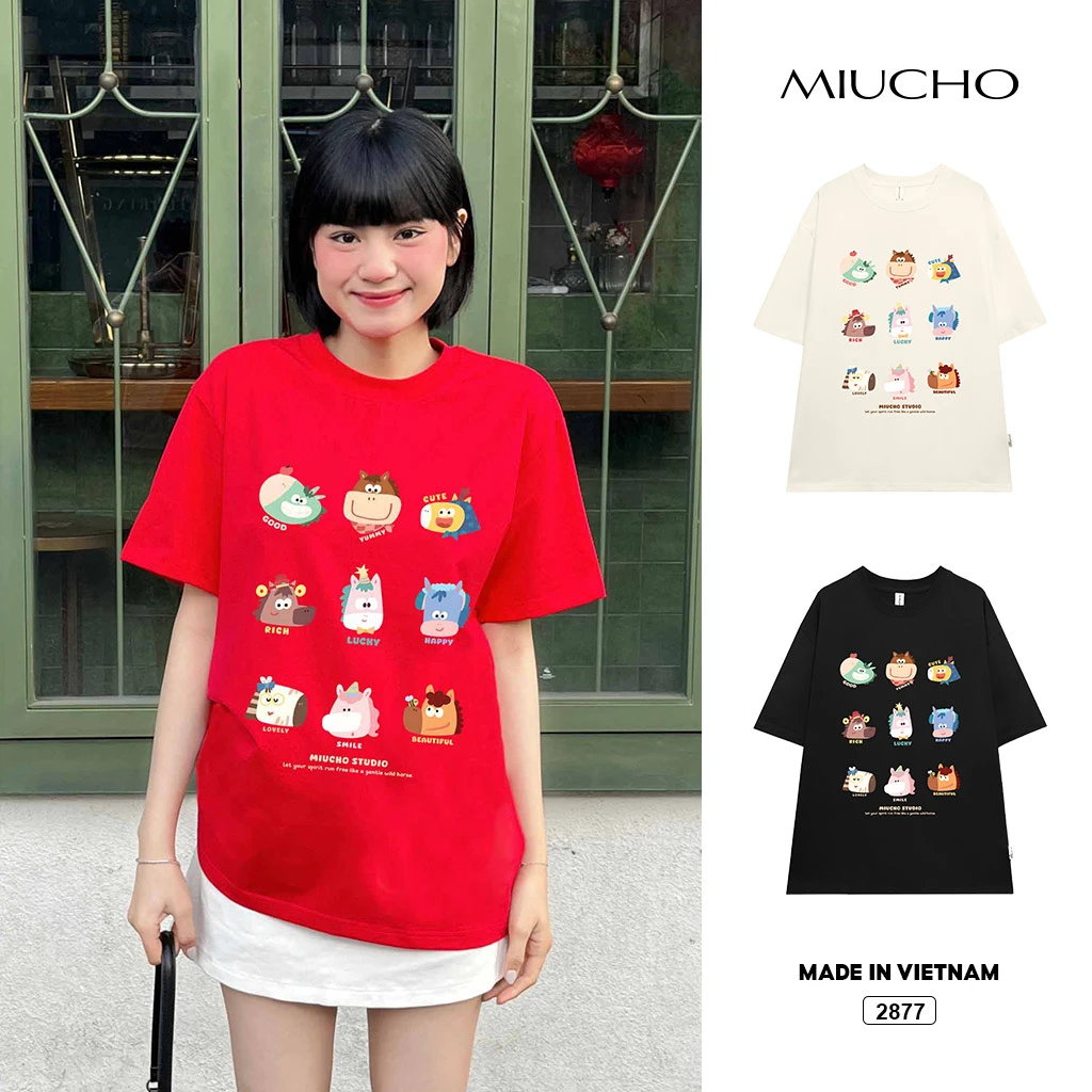 Áo thun Tết Bính Ngọ form rộng Miucho chất vải dày dặn thoáng mát hoạt hình in mix 2877