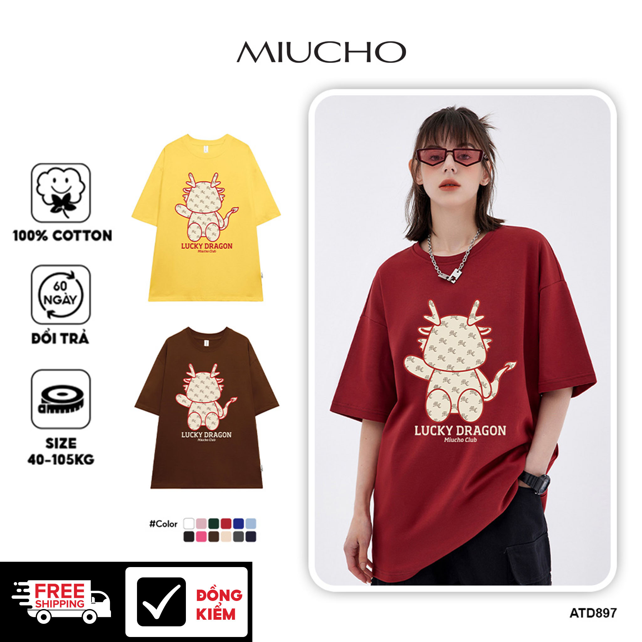 Áo thun Tết in hình rồng form rộng local brand ATD897 Miucho tay ngắn vải cotton cổ tròn in mix