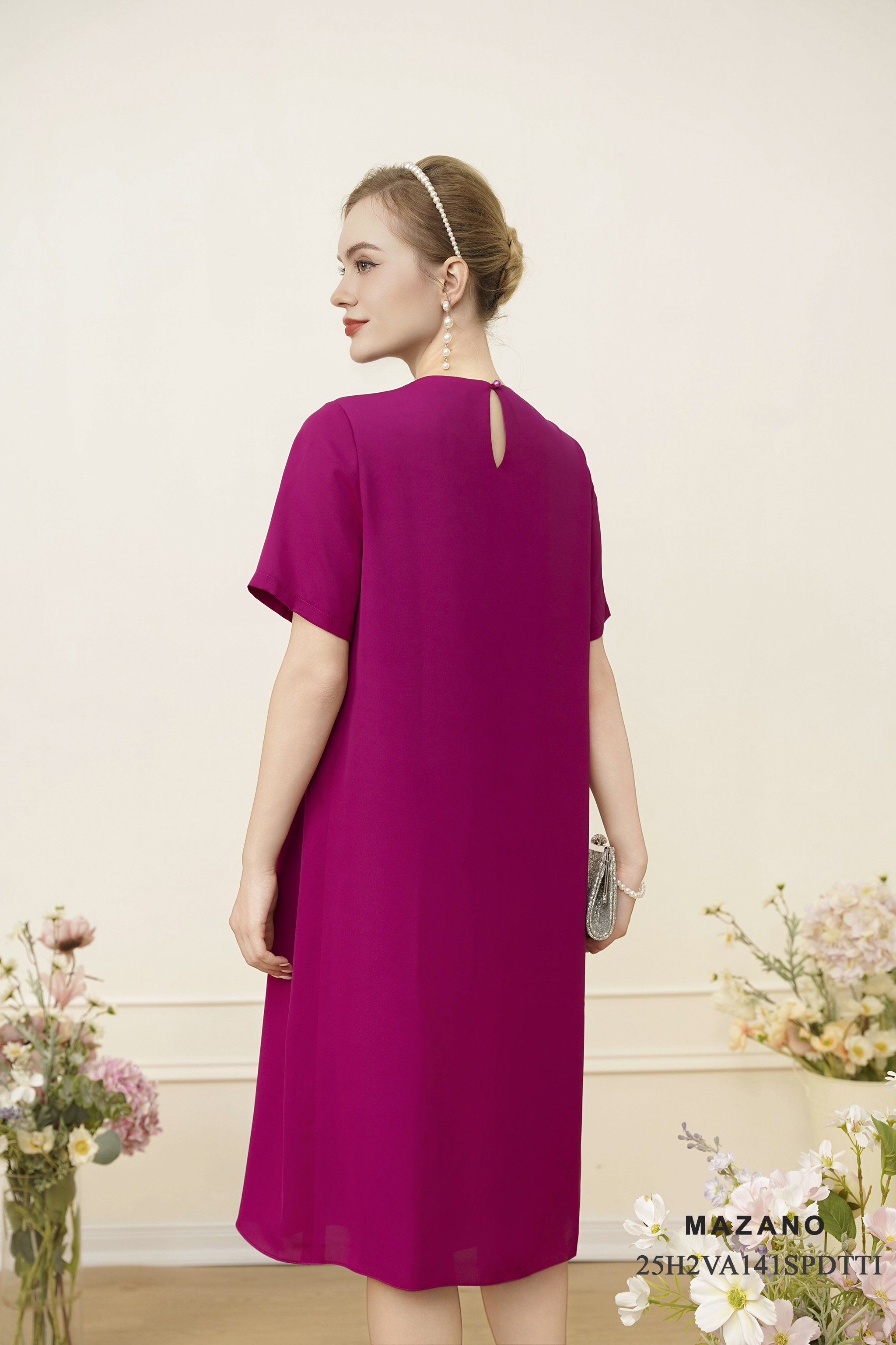 Váy Đầm suông A Vải voan  Đính trang trí Cổ tròn Tay ngắn Dài váy qua gối_thumbnail_3