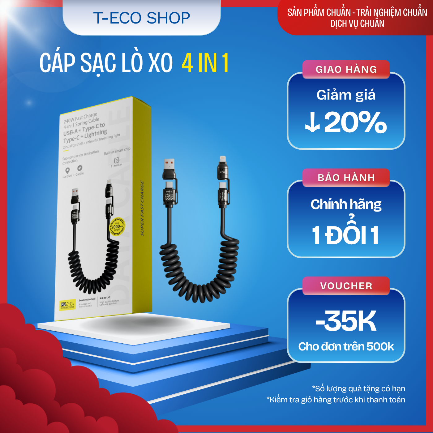 T-ECO SHOP | Cáp Sạc Lò Xo 4 Trong 1 240W – Co Giãn 2m, Type-C, iPhone, Sạc Siêu Nhanh