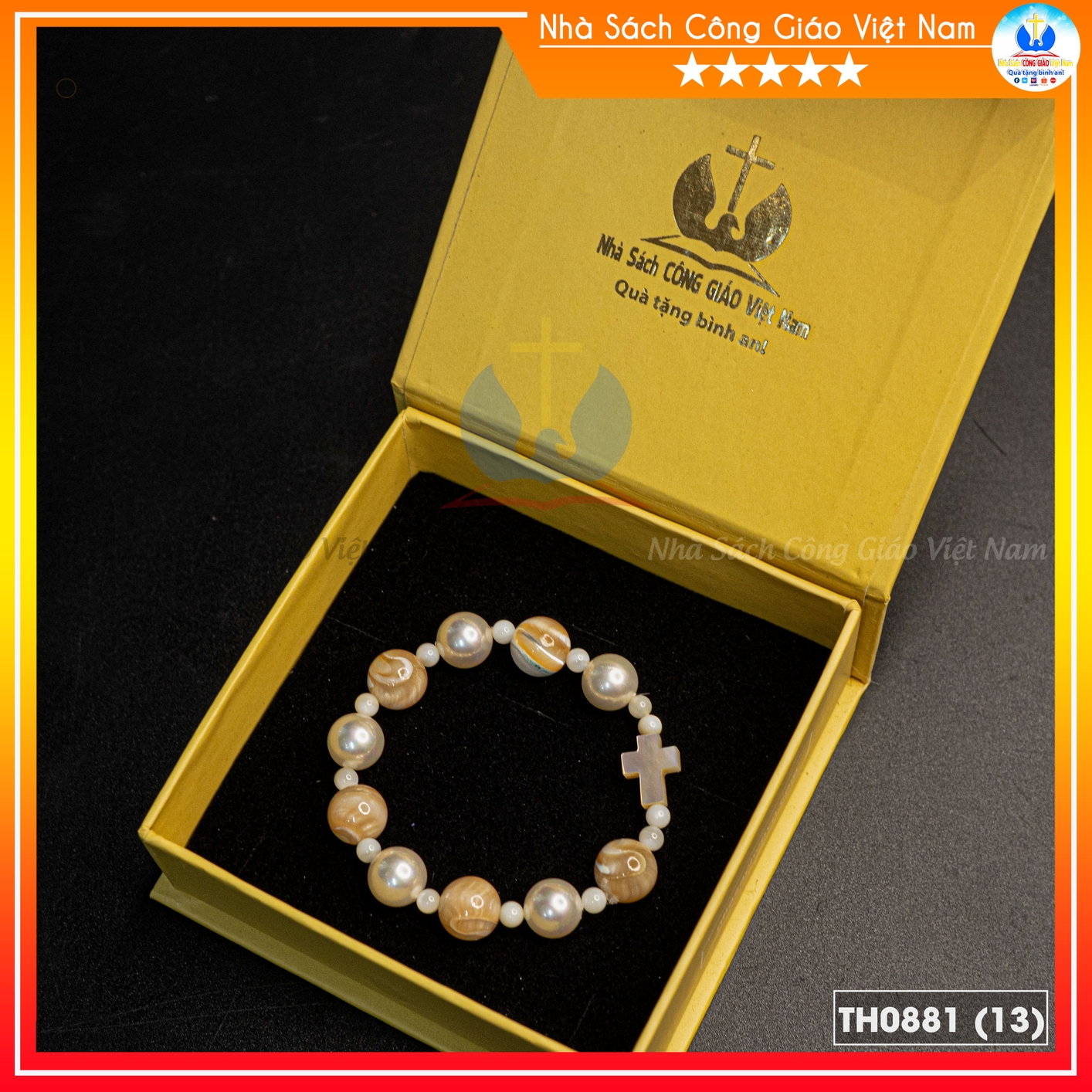 Chuỗi Mân Côi Ốc Nón mix Tai Tượng 10mm, thánh giá xà cừ – TH0881