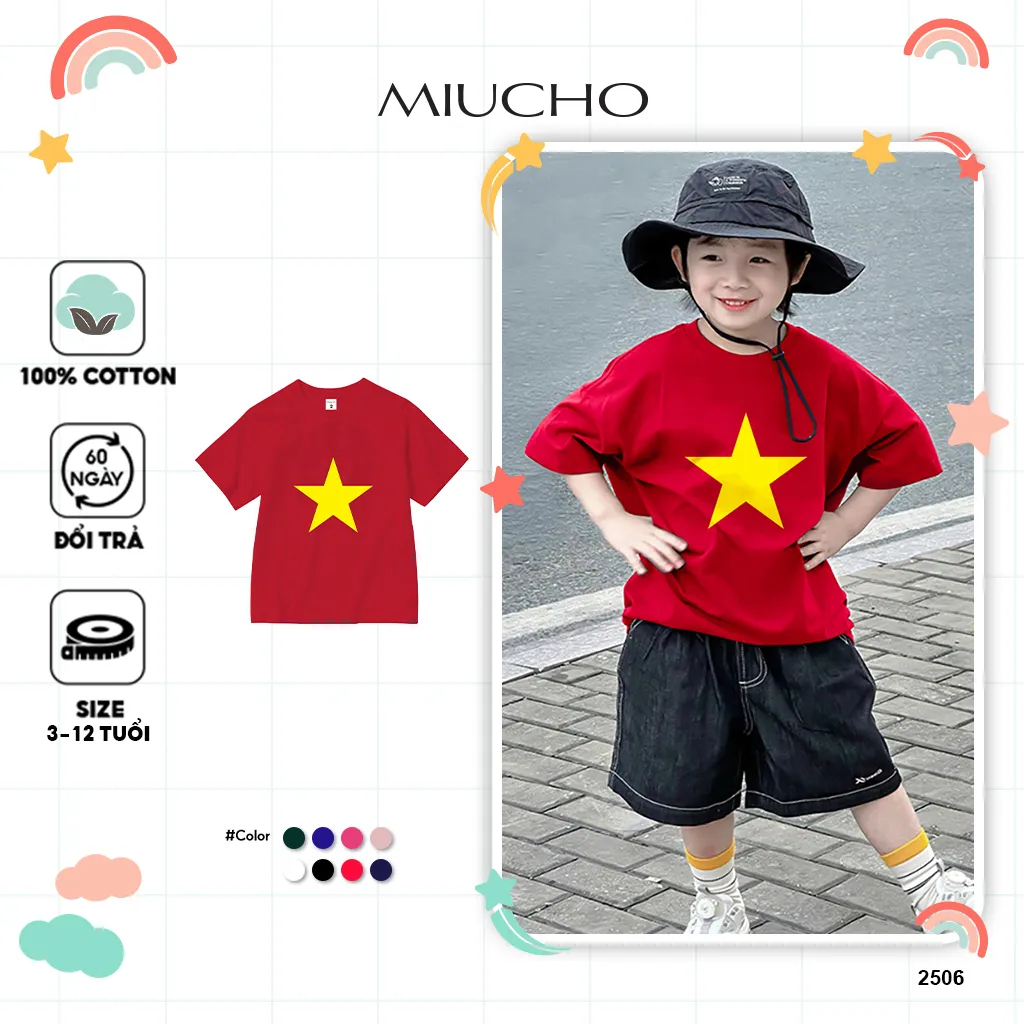 Áo thun cho bé Việt Nam cờ đỏ sao vàng 2506 Miucho form rộng vải cotton thoáng mát in artwork