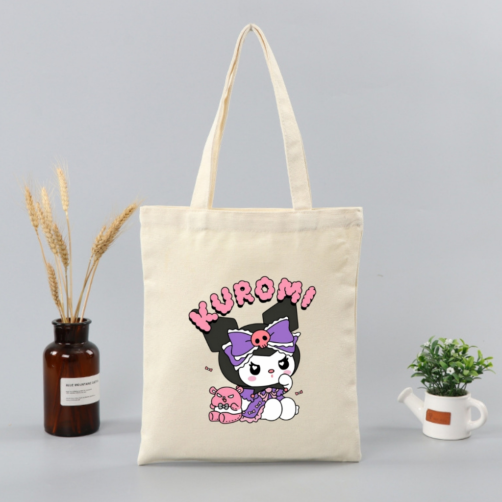Túi tote vải canvas in hình Kuromi, Totoro, Labubu có khóa kéo, ngăn phụ - 𝐖𝐞 𝐓𝐞𝐞 TOTE07