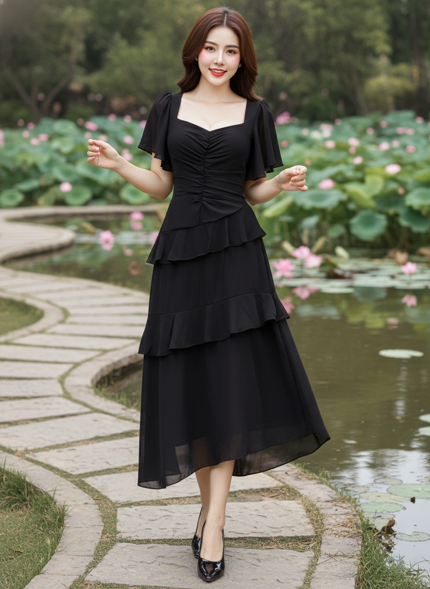 Đầm midi tay cánh tiên cổ u phối bèo xinh xắn_thumbnail_1