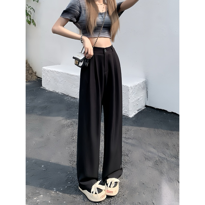 Quần ống suông nữ cạp cao dáng dài, quần tây ống rộng 1 khuy cài chất gold nhật có chun lưng Logastore_L001