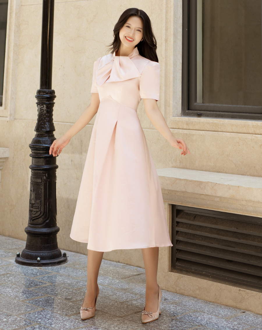 Đầm xòe xếp ly tay con nơ ngực sang trọng_thumbnail_2