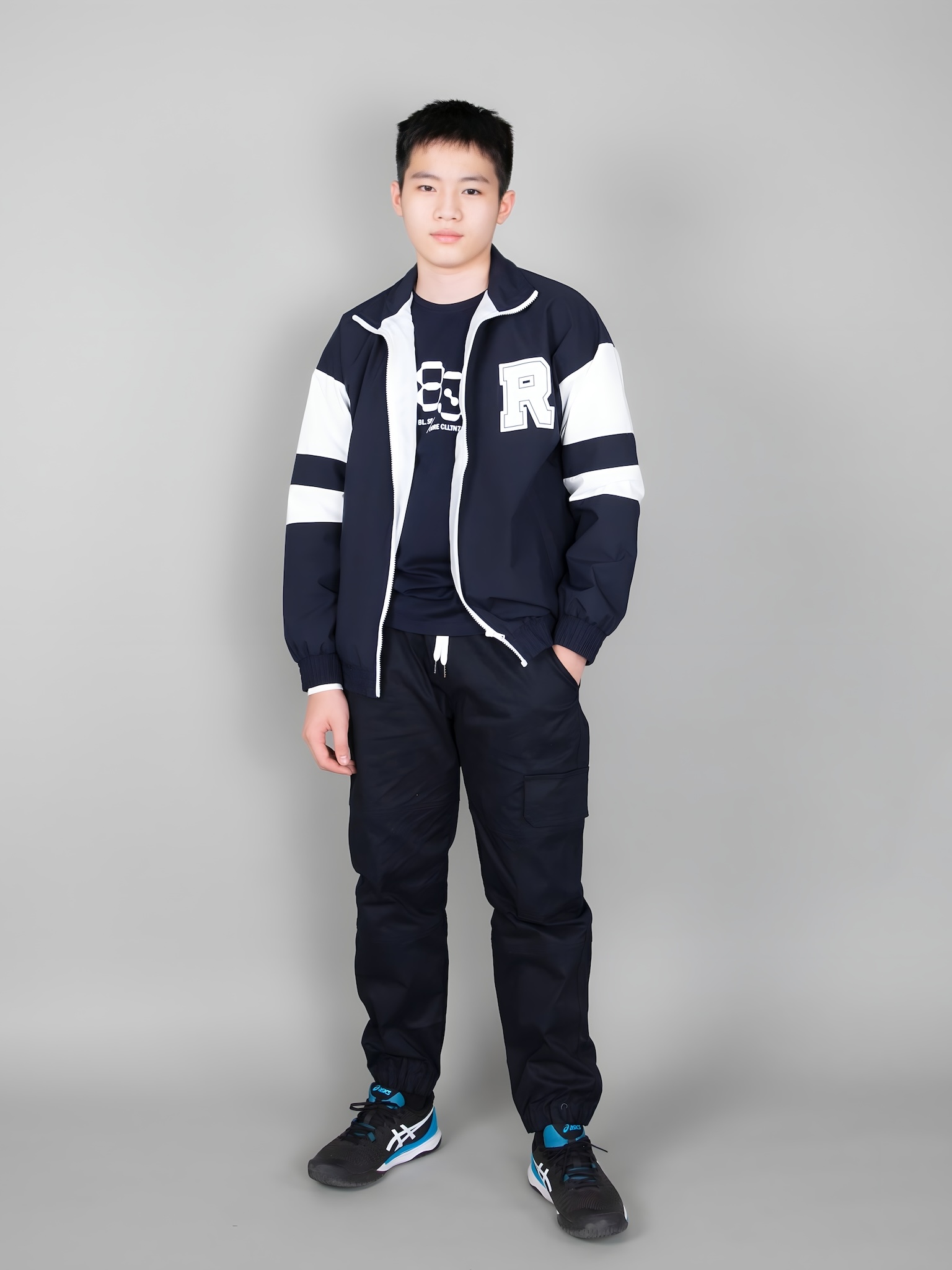 Áo khoác gió navy tay phối trắng in chữ R