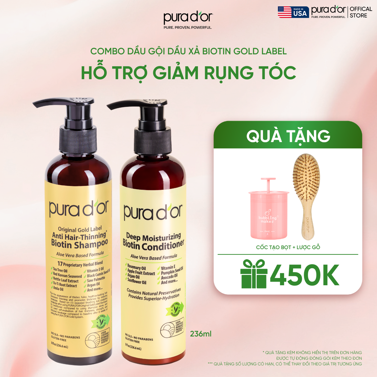 Combo Gội - Xả Biotin Pura D'or Original Gold Label & Deep Moisturizing Chăm Sóc Da Đầu, Dưỡng Ẩm Chuyên Sâu 236ml