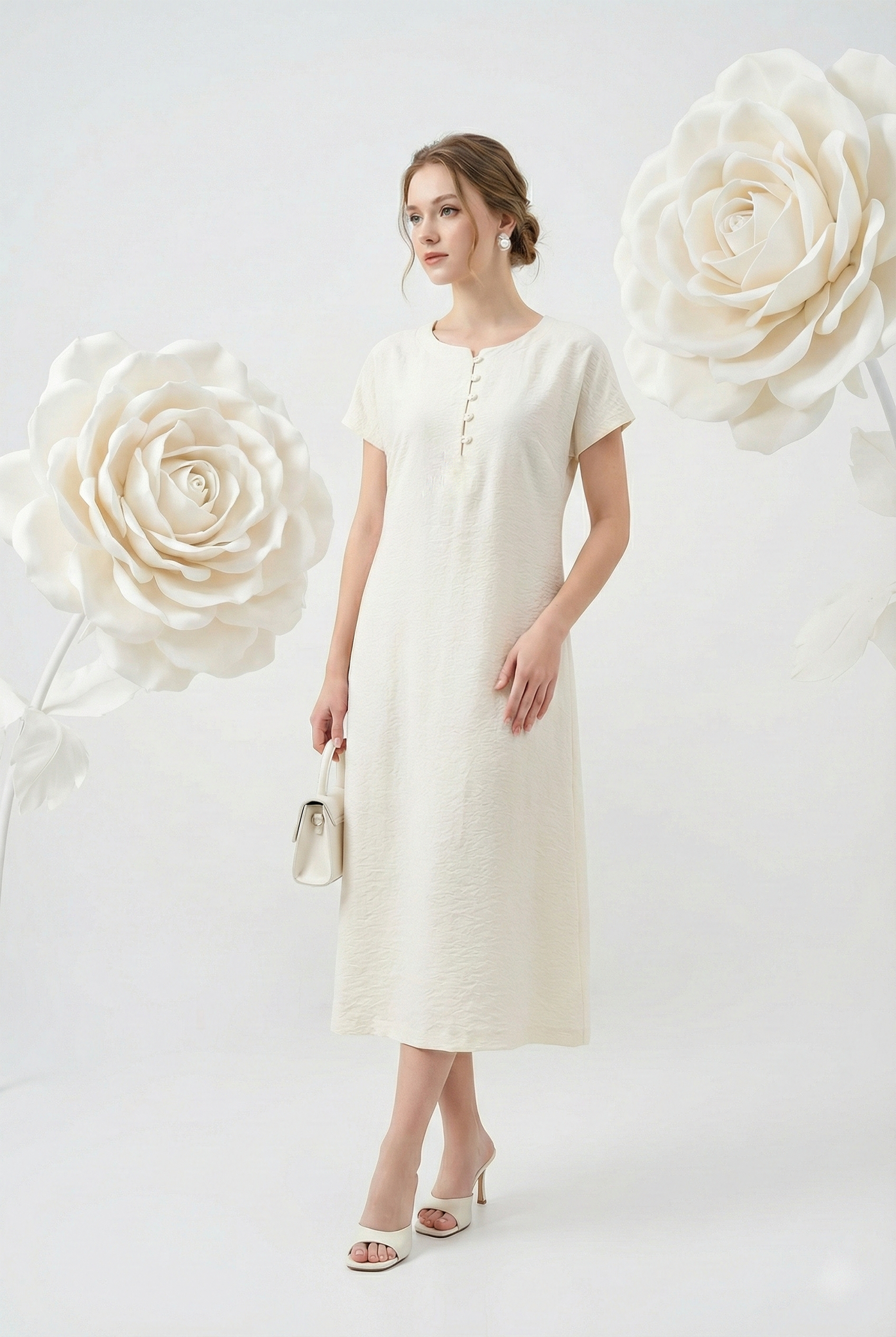 Đầm vải pha linen trắng kem dáng suông A cổ tàu cách điệu tay ngắn thiết kế MAZANO