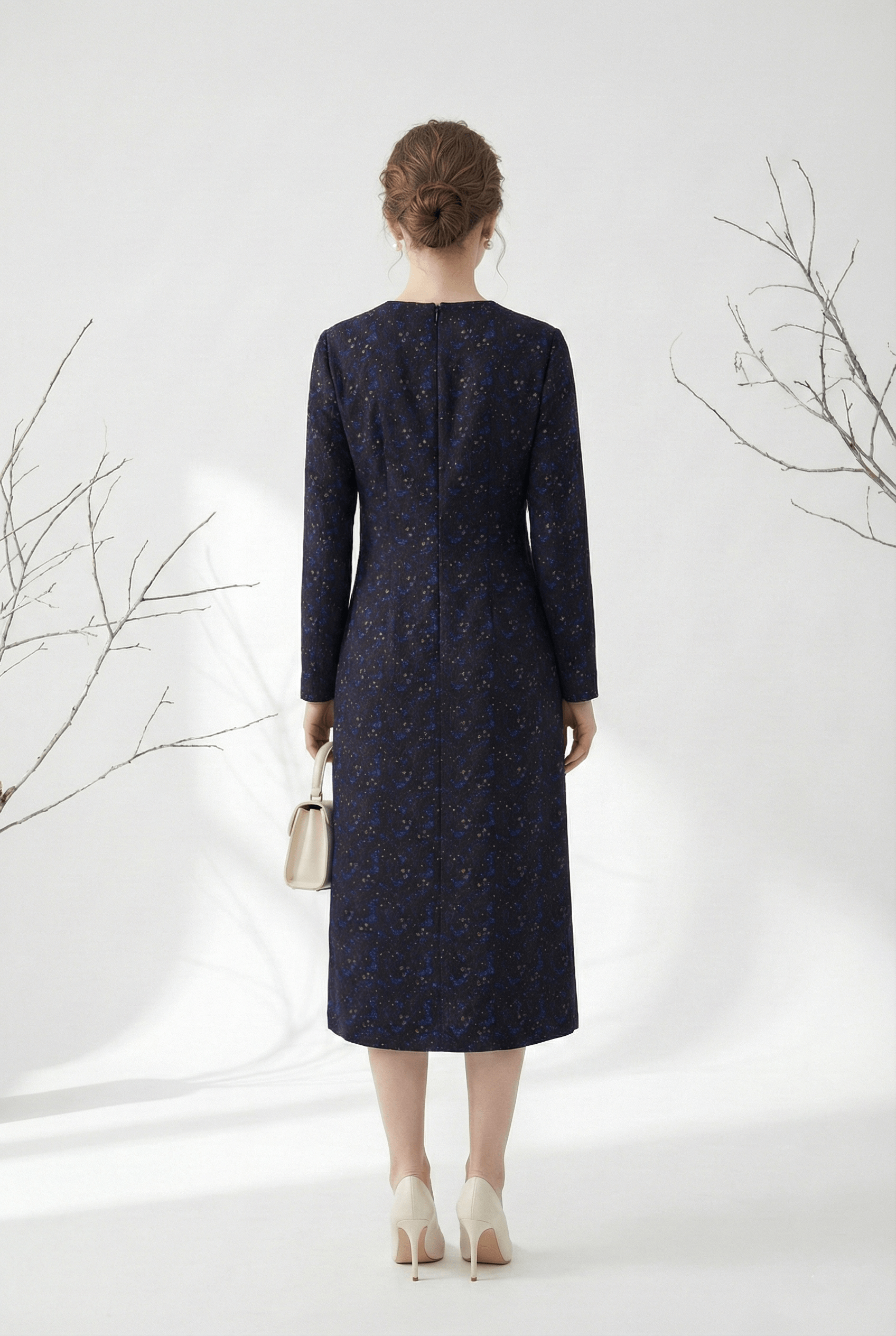 Váy Đầm Suông Vải len giả ren Hoạ tiết hoa văn ren chìm Cổ tròn cao Đính dây ren cườm Tay dài Dài ngang bắp chân_thumbnail_3