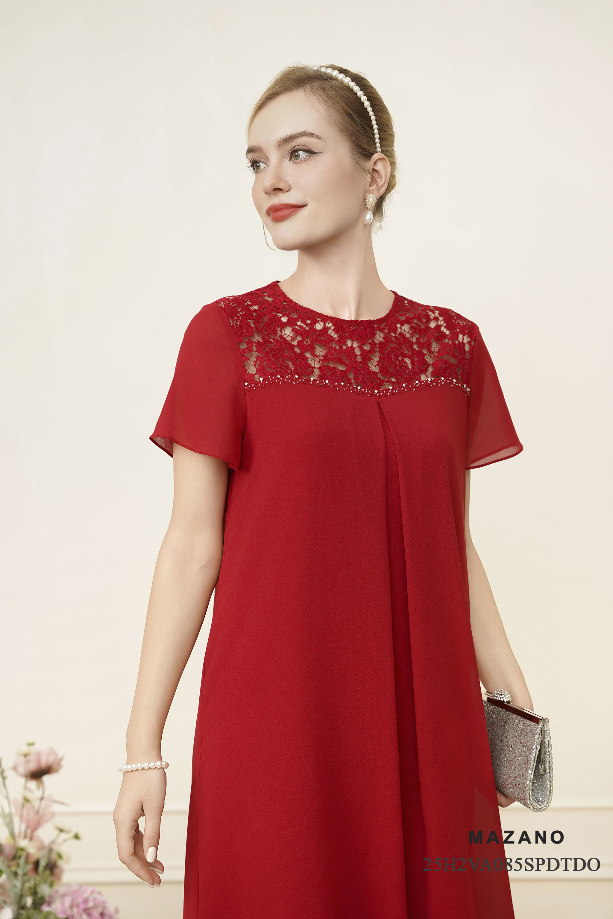 Váy Đầm suông A Vải voan phối ren ngực Đính trang trí Cổ tròn Tay ngắn Dài váy qua gối_thumbnail_2