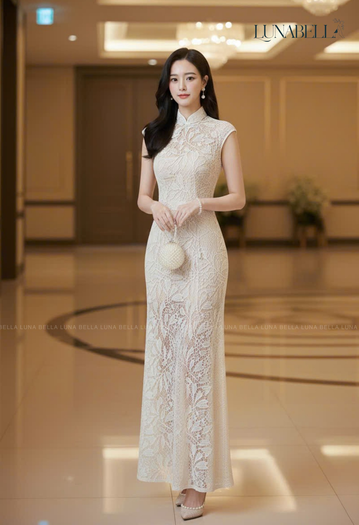 Đầm ren hoa nổi MISTY màu TRẮNG