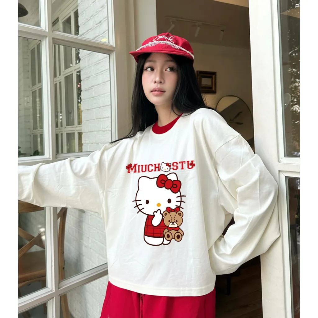 Áo thun boxy tay dài Miucho chất vải thoáng mát mềm mại phối cổ mix màu Kitty đỏ 2806_thumbnail_3