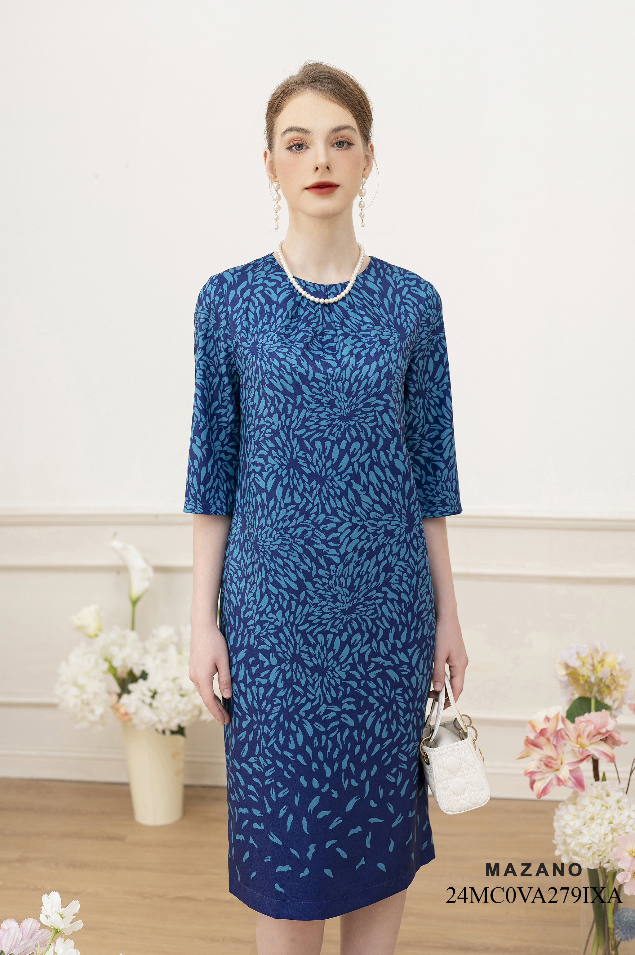 Váy Đầm suông Vải thô Hoạ tiết cách điệu Cổ tròn Tay lỡ Dài đến bắp chân_thumbnail_3