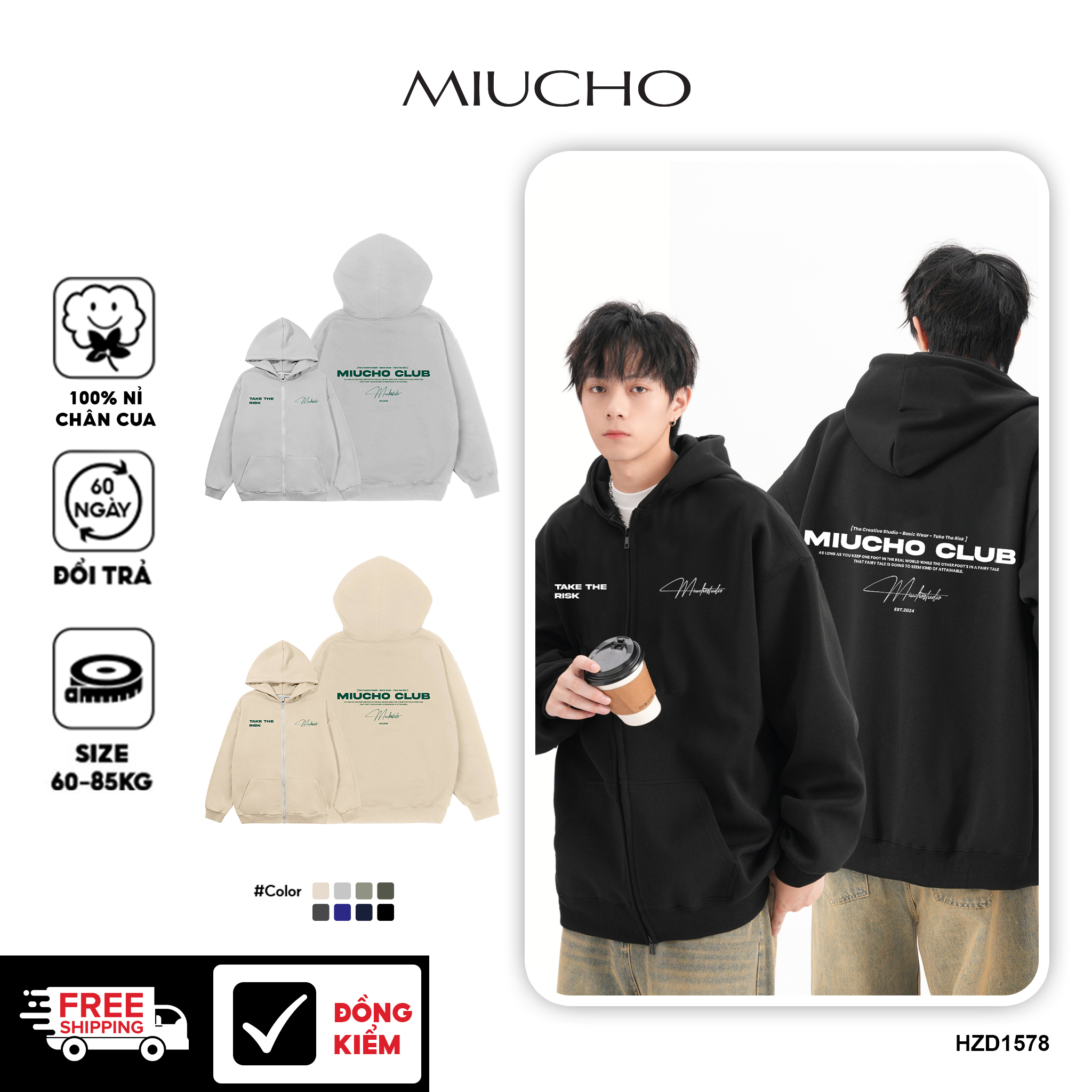 Áo hoodie zip nam local brand form rộng HZD1578 Miucho Club vải nỉ chân cua dày dặn mũ rộng in basic