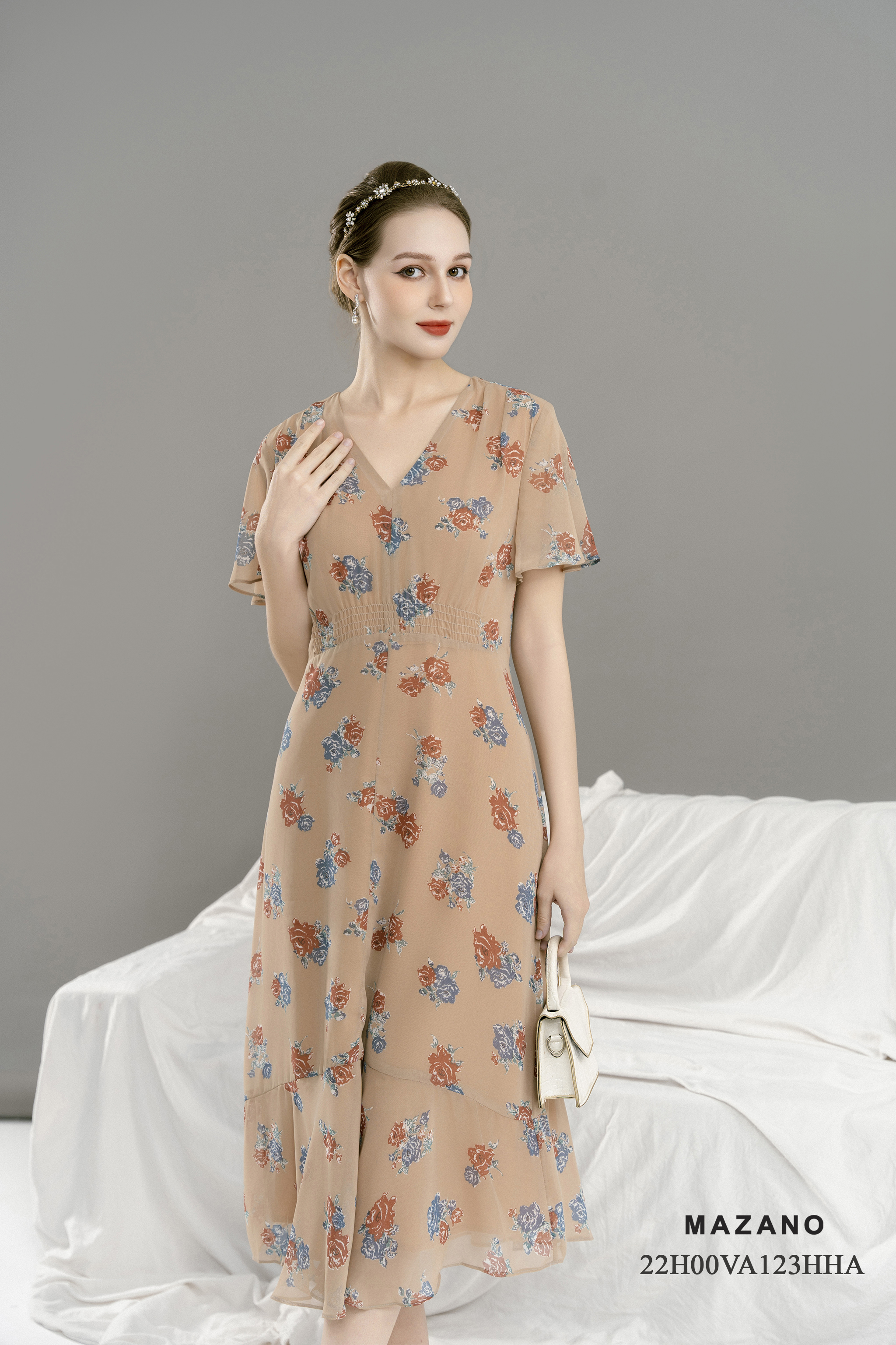 Váy Đầm Ôm Vải voan mỏng Hoạ tiết hoa cách điệu Cổ V Tay ngắn Dài qua bắp chân_thumbnail_3