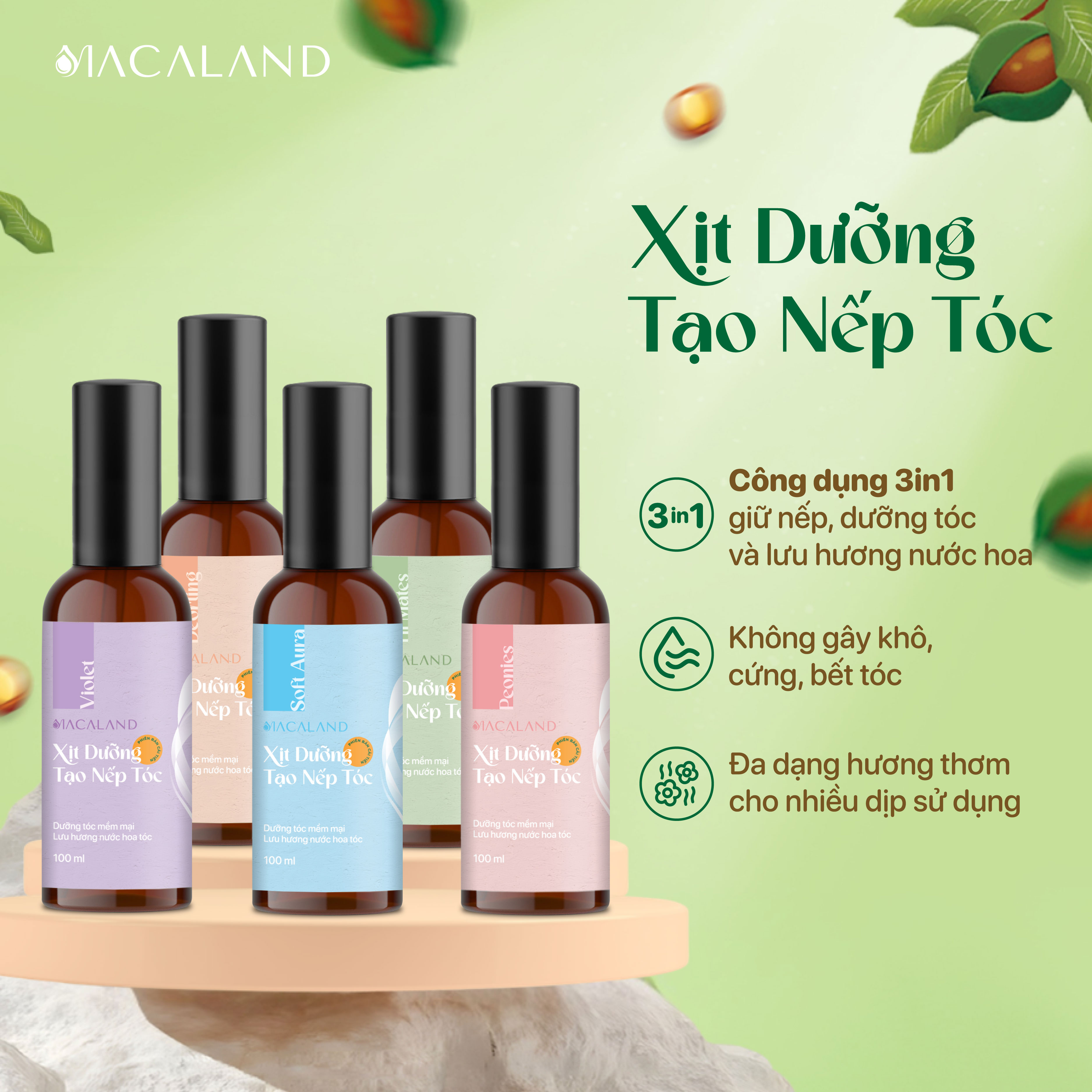 Xịt giữ nếp tạo kiểu và dưỡng tóc 3in1 100ml MACALAND hương nước hoa
