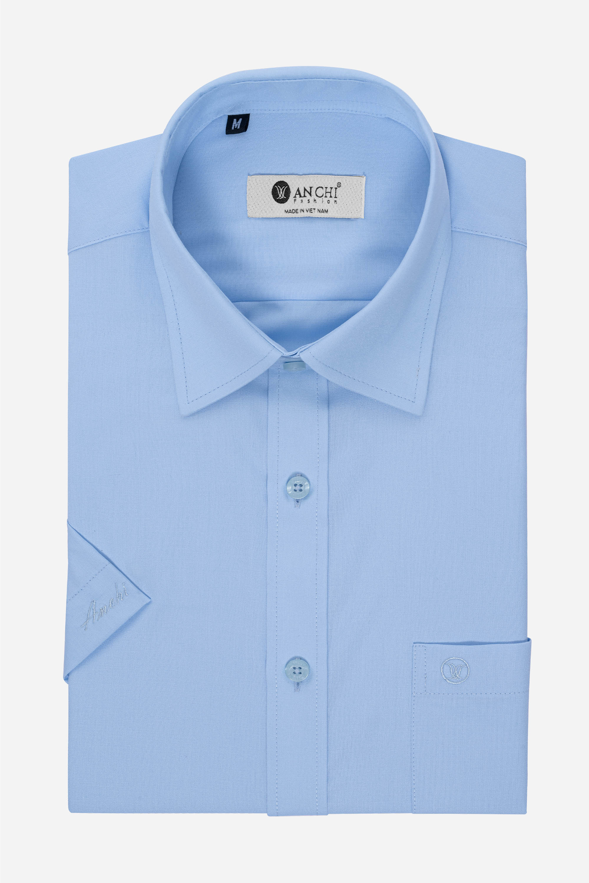 Sơ Mi Trơn Cộc Tay Nam Trung Niên Chất Liệu Cotton Nhập Khẩu Màu Xanh Lơ