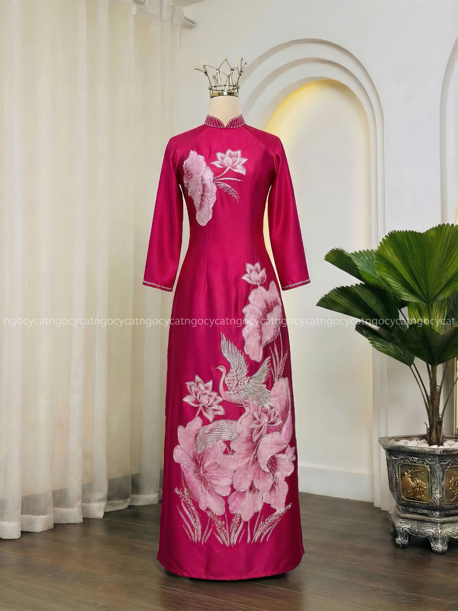 Áo Dài Bà Sui Màu Hồng Vẽ Hoa Sen Hạt Lúa