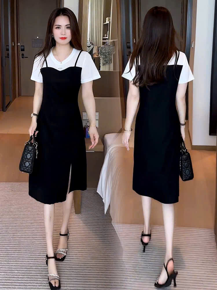 17233- Đầm suông thun đen phối vai trắng (thun nhật)_thumbnail_0