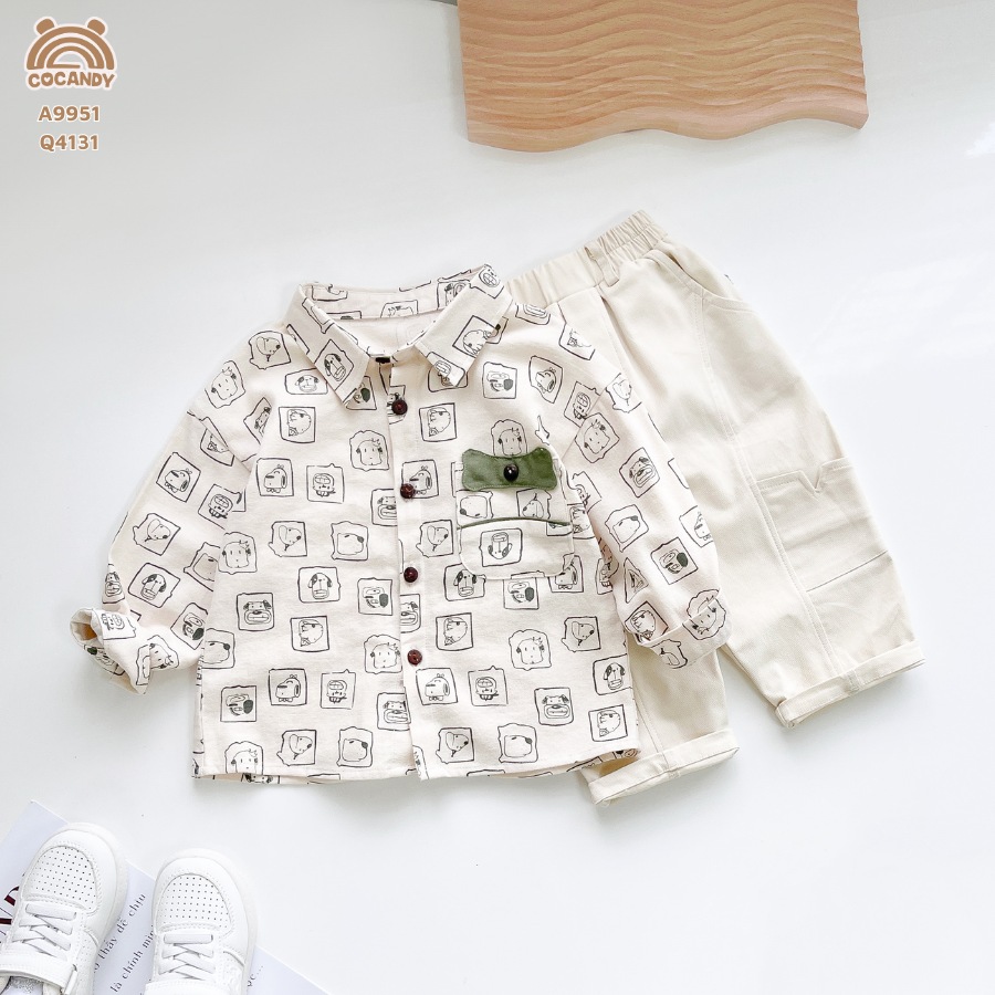 Áo dài TRẮNG họa tiết chuppy dog nẹp xanh rêu