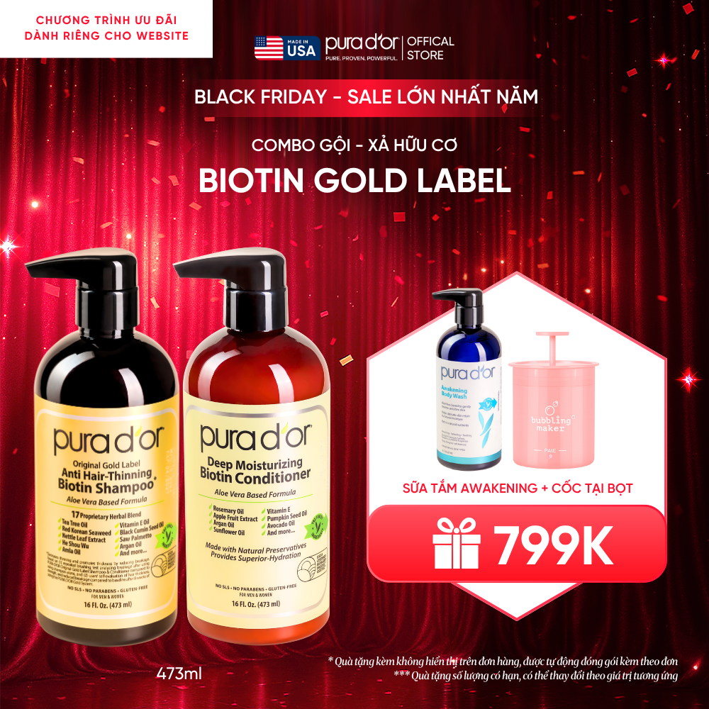 Combo Gội - Xả Biotin Pura D'or Original Gold Label & Deep Moisturizing Chăm Sóc Da Đầu, Dưỡng Ẩm Chuyên Sâu 473ml