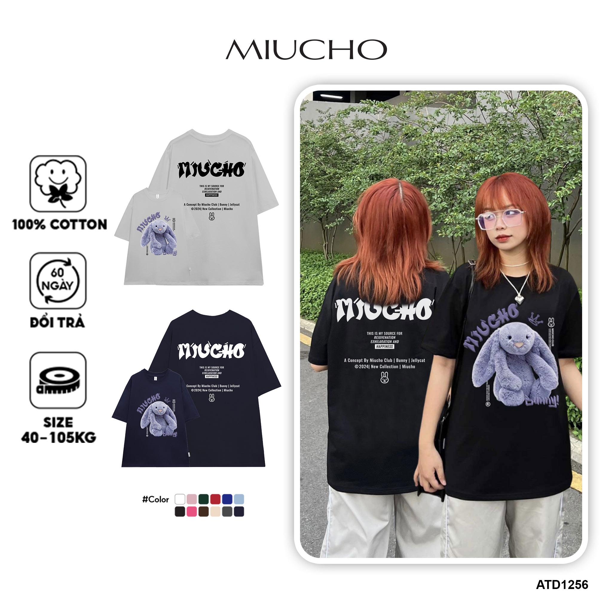 Áo thun thỏ Bunny form rộng local brand ATD1256 Miucho tay ngắn cổ tròn in mix_thumbnail_12