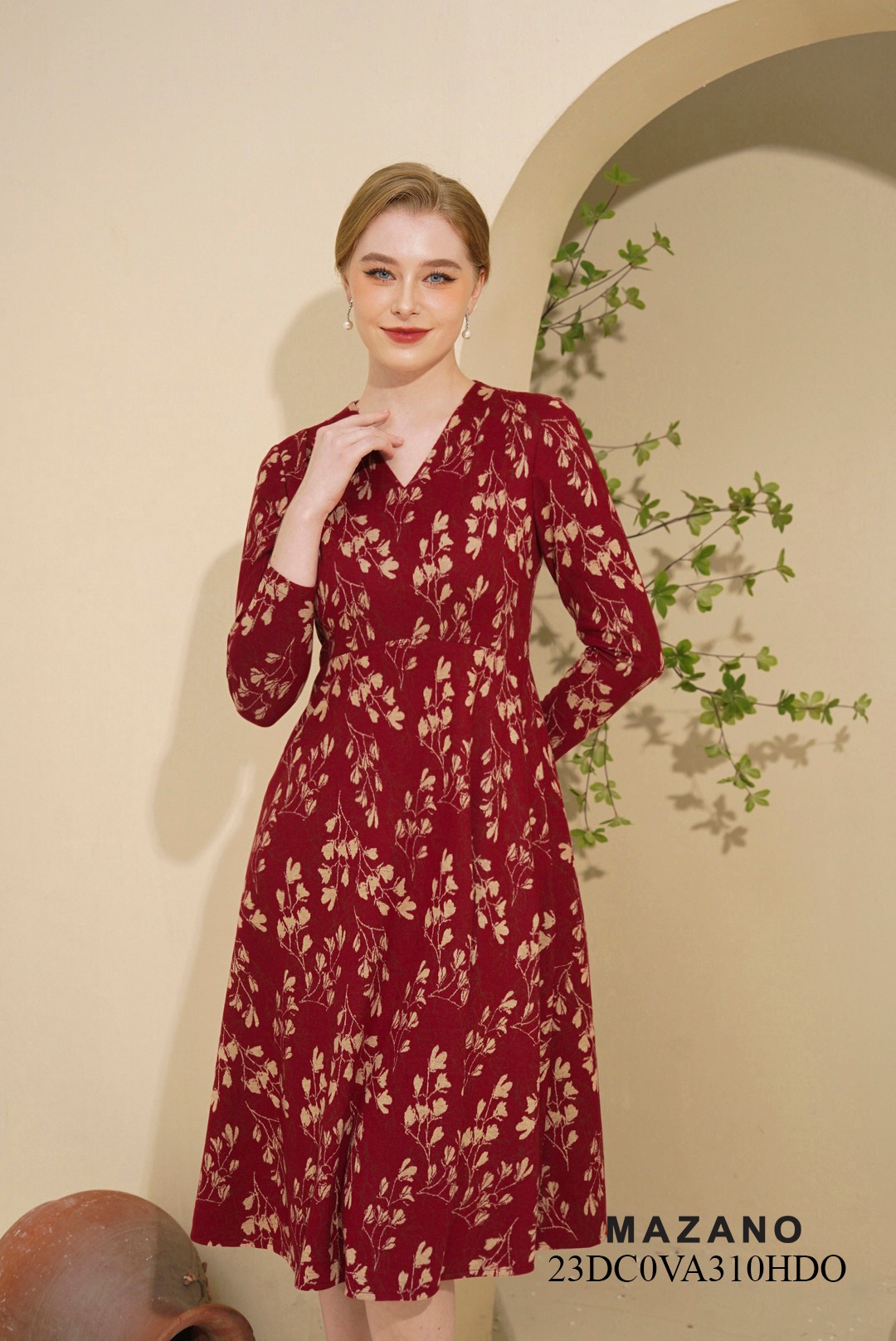 Váy Đầm Ôm Chân xếp ly Vải dạ len Cổ V Tay dài Dài ngang bắp chân