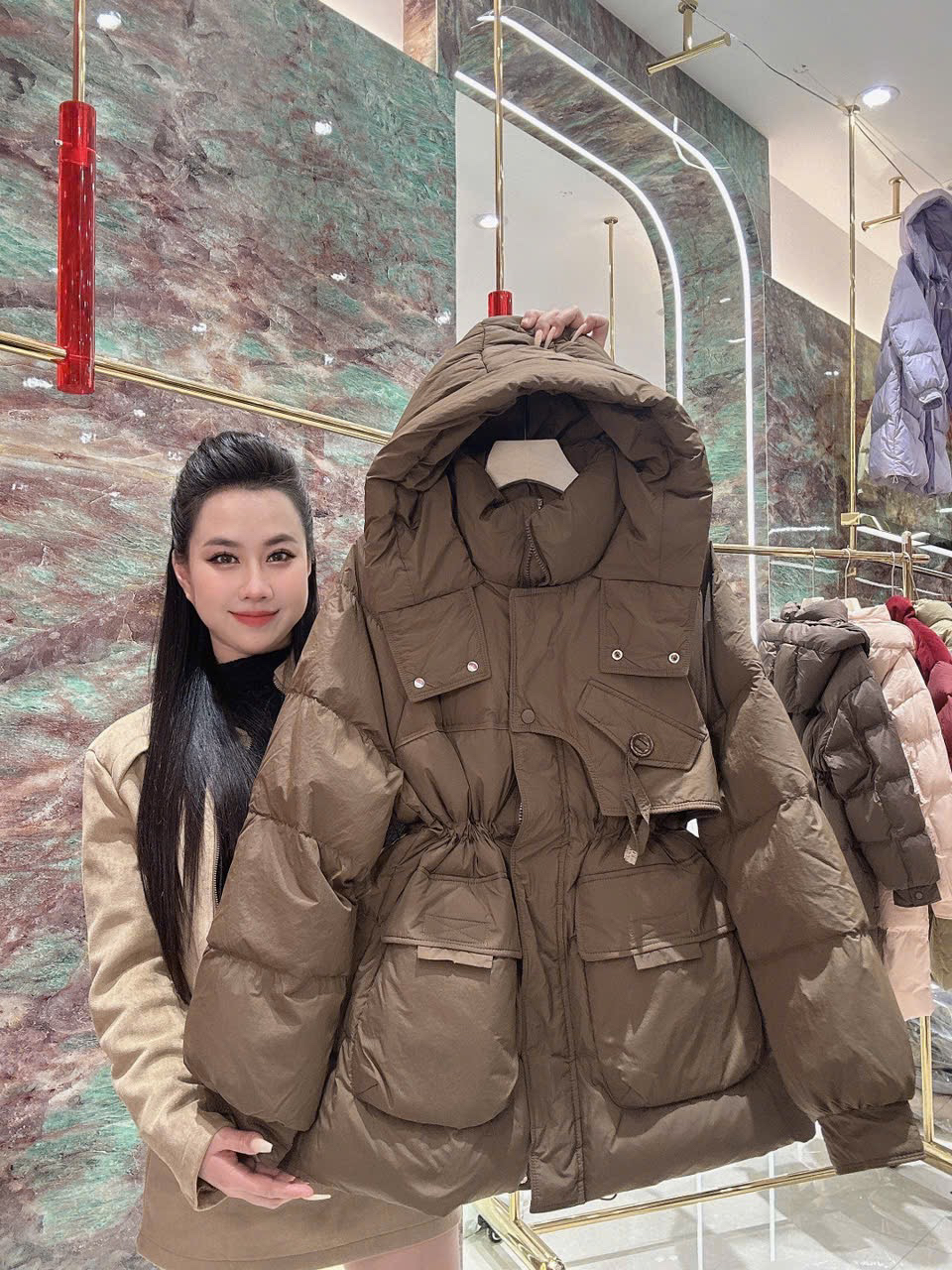 Áo phao rút eo Nâu - A12