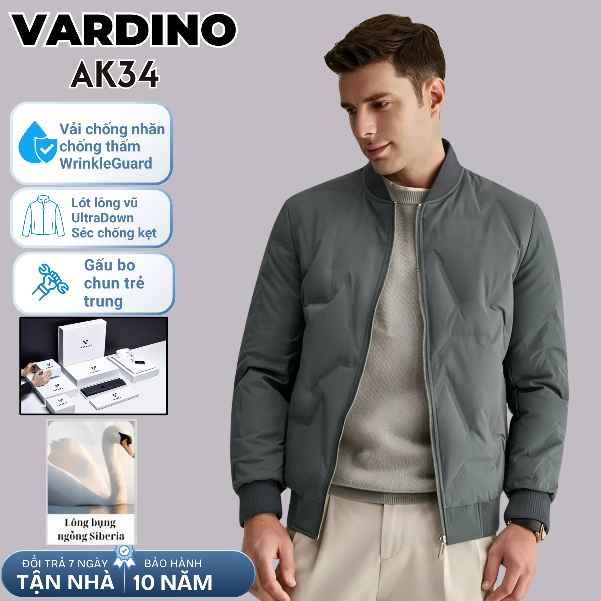 Áo khoác bomber nam công sở Vardino lót lông vũ AK34