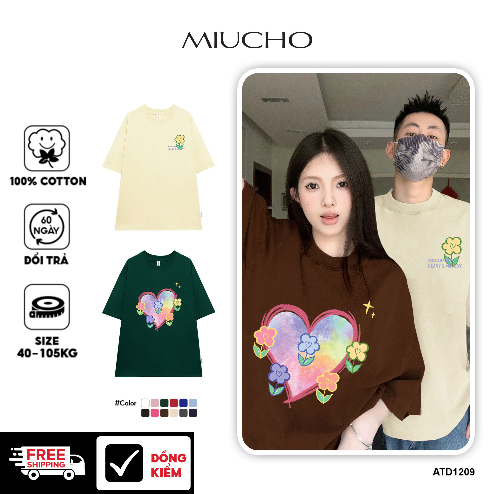 Áo thun cặp đôi hình trái tim form rộng tay lỡ màu xinh ATD1208 Miucho vải cotton thoáng mát cổ tròn in mix
