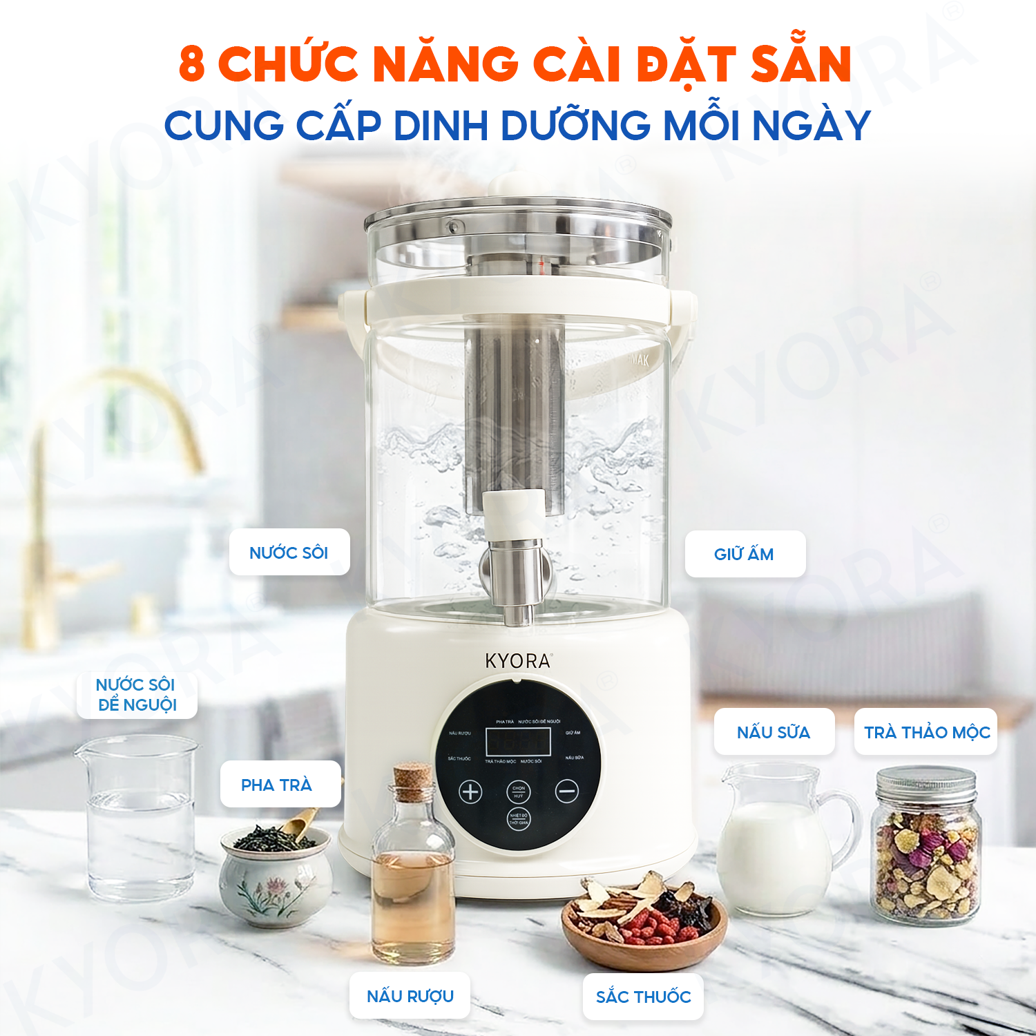 Ấm Đun Nước Giữ Nhiệt Đa Năng 8in1 Kyora 2.8L - 8 chức năng đun nấu - Giữ nhiệt 48H liên tục - Kèm lõi lọc trà