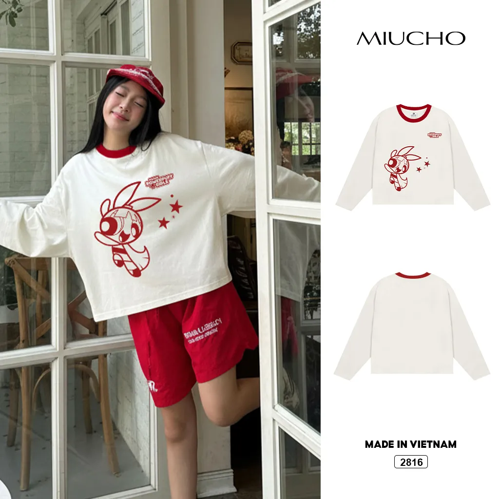 Áo thun boxy tay dài Miucho chất vải thoáng mát giữ form Powerpuff Girl be phối đỏ 2816