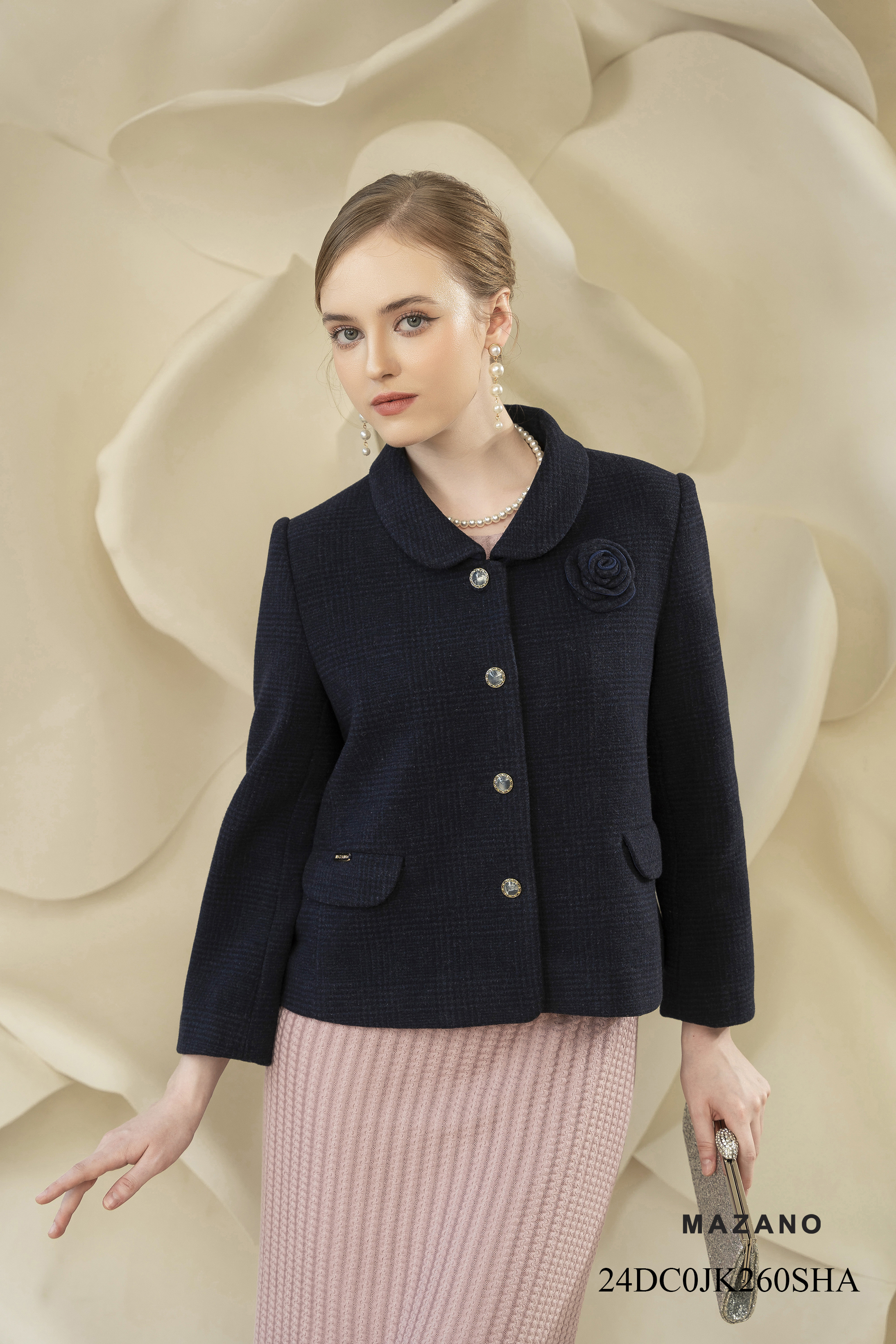 Áo khoác ngắn Suông Vải dạ tweed kẻ xanh tím than Dài dưới eo  JK260SHA_thumbnail_2